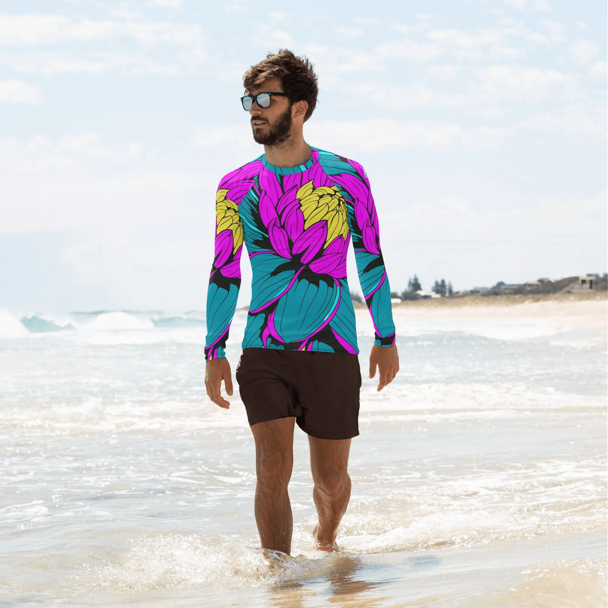 Men's Pop Art BJJ Long Sleeve Rash Guards - Roy Lichtenstein Inspired Dahlia Print 001