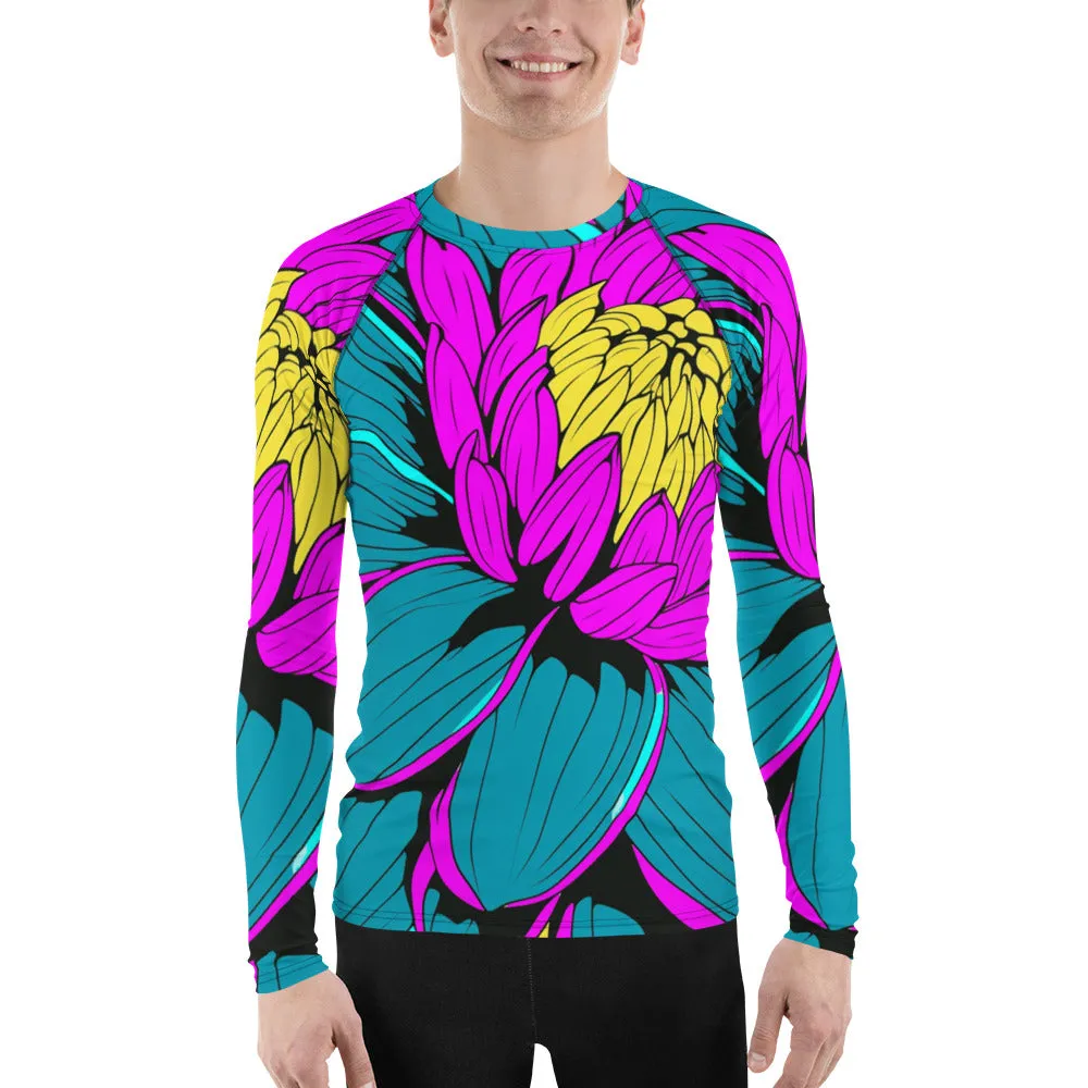 Men's Pop Art BJJ Long Sleeve Rash Guards - Roy Lichtenstein Inspired Dahlia Print 001