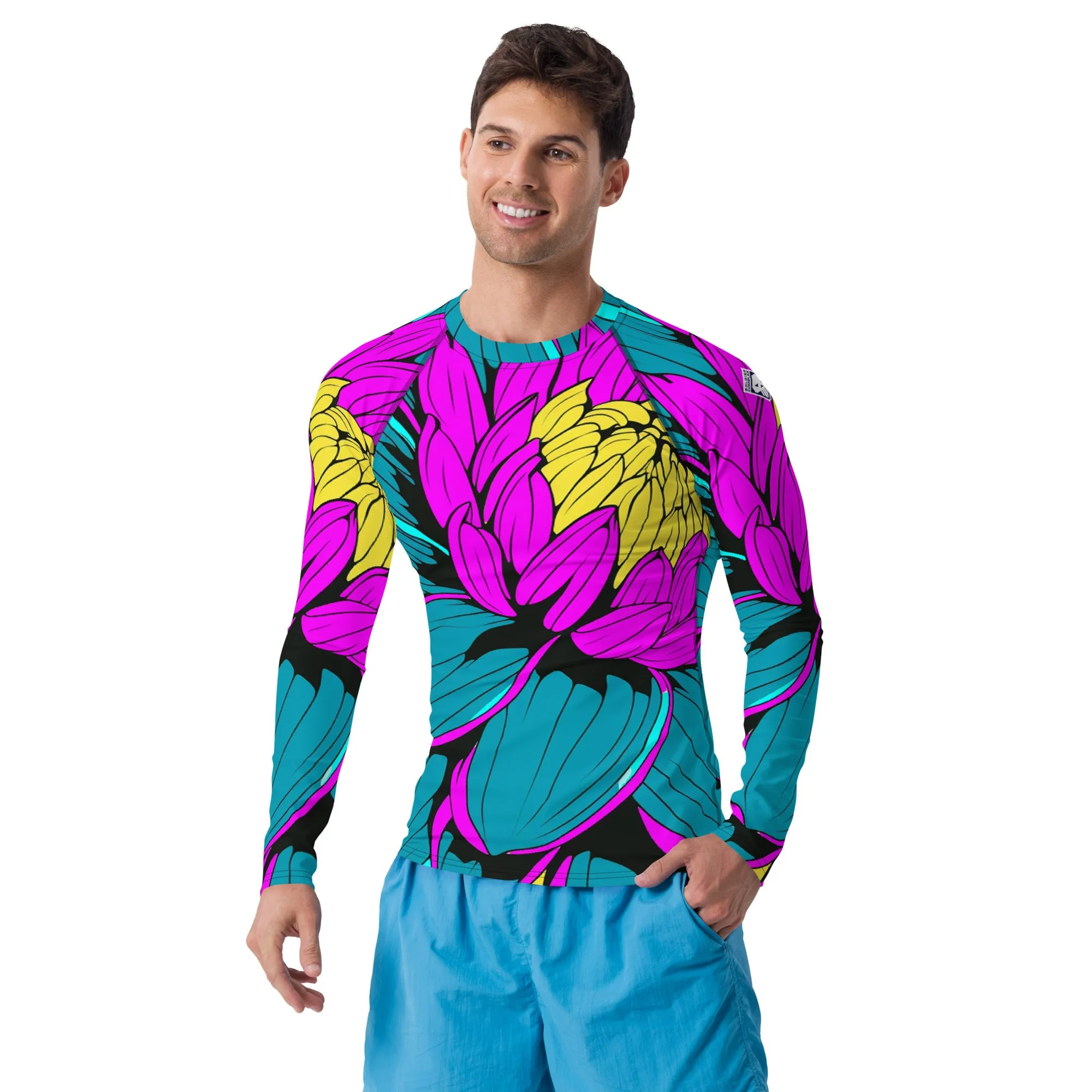 Men's Pop Art BJJ Long Sleeve Rash Guards - Roy Lichtenstein Inspired Dahlia Print 001