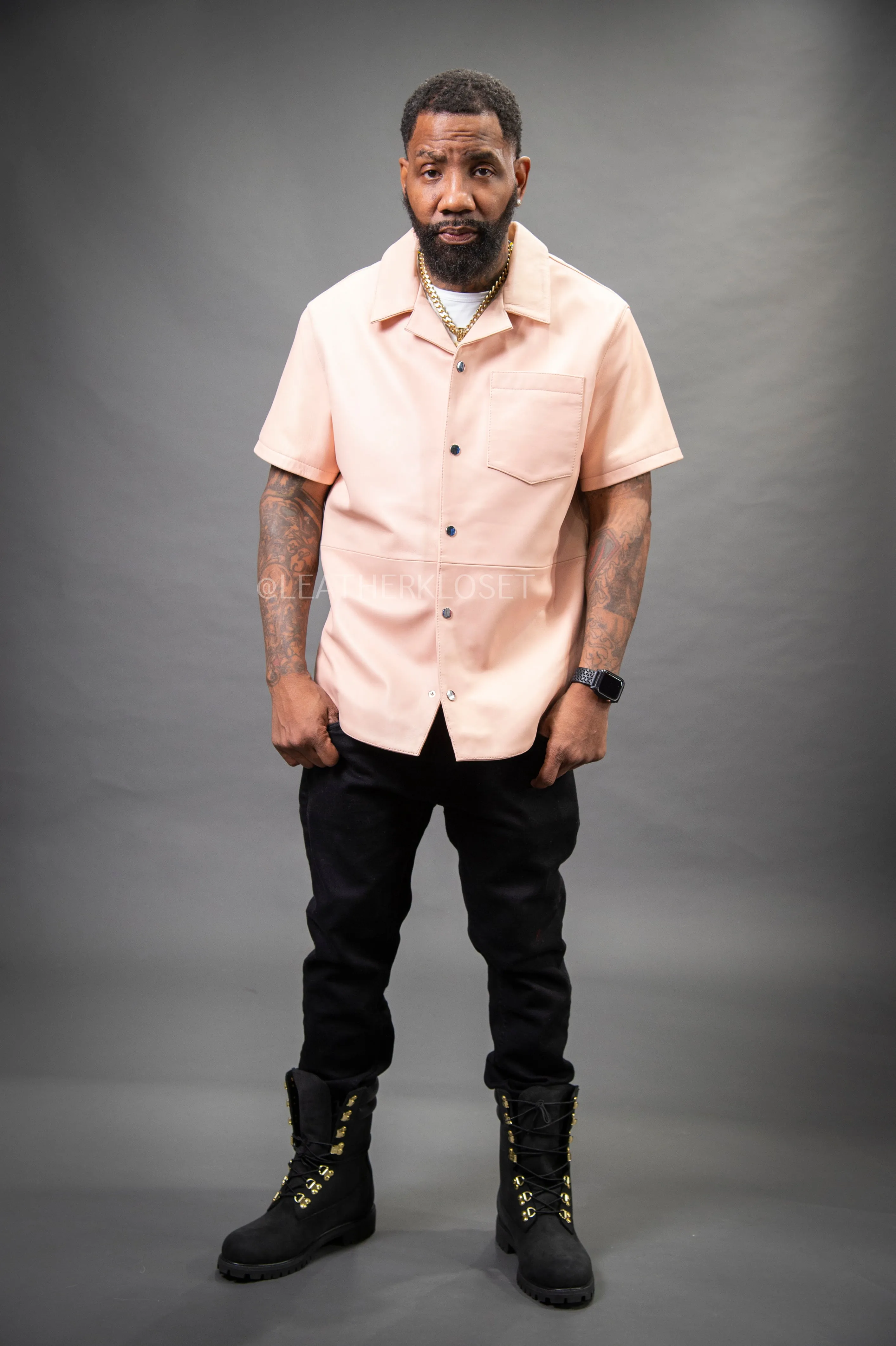 Men's Summer In Miami Luka Leather Short Sleeve Shirt [Baby Pink]