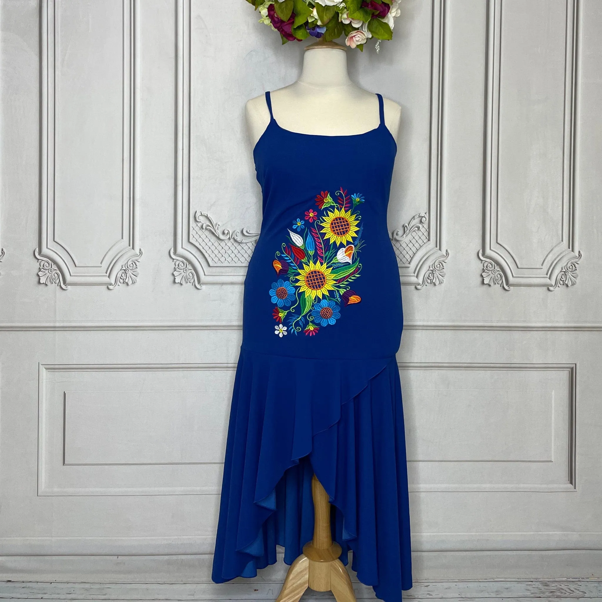 Mexican High-Low Embroidered Sunflower Dress