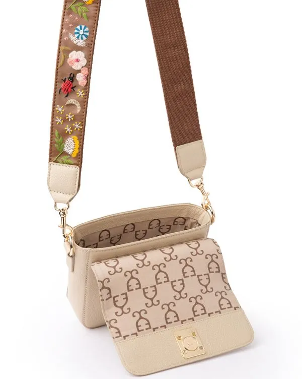 Mini Goblet Crossbody Leather  : Cream with Embroidered Strap