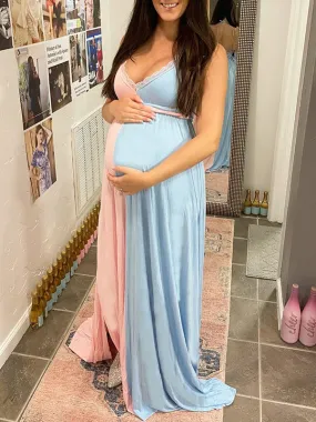 Momnfancy Side Slit Patchwork Pink Blue Babyshower Gender Reveal Party Maternity Maxi Dress