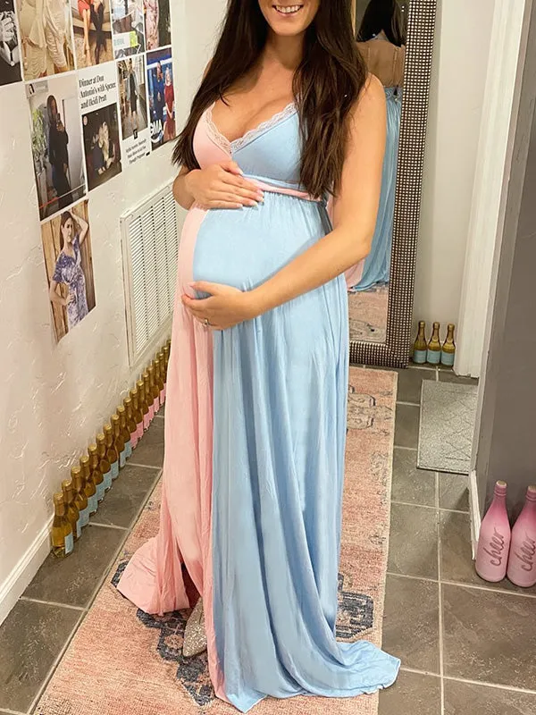 Momnfancy Side Slit Patchwork Pink Blue Babyshower Gender Reveal Party Maternity Maxi Dress