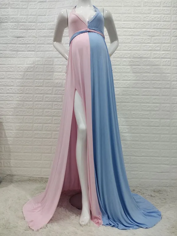 Momnfancy Side Slit Patchwork Pink Blue Babyshower Gender Reveal Party Maternity Maxi Dress