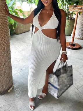 Momnfancy White Backless Halter Neck Cut Out Side Slit Crop Plus Size Vacation Baby Shower Maternity Photoshoot Maxi Dress