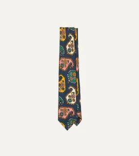 Navy Geometric Paisley Print Twill Silk Tipped Tie