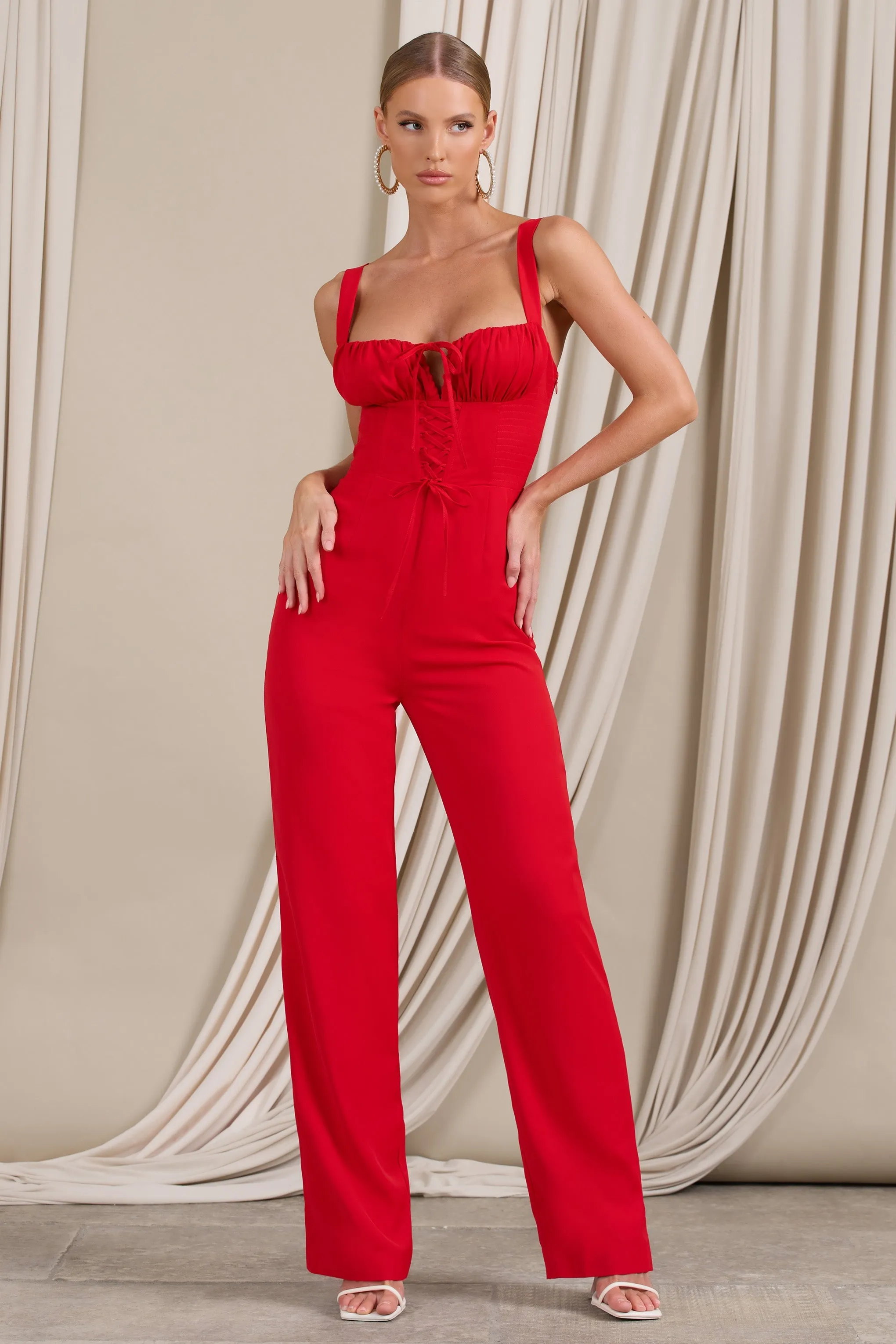 Nebbiolo | Red Strappy Laced Corset Jumpsuit