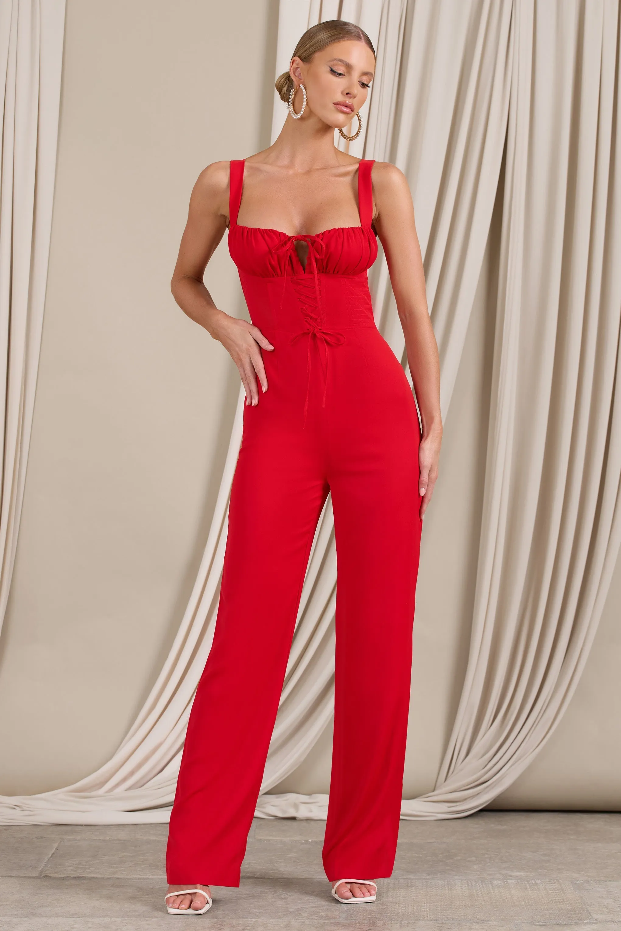 Nebbiolo | Red Strappy Laced Corset Jumpsuit