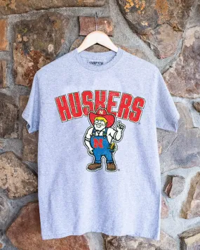 Nebraska Huskers Cartoon Mascot Puff Ink Gray Thrifted Tee