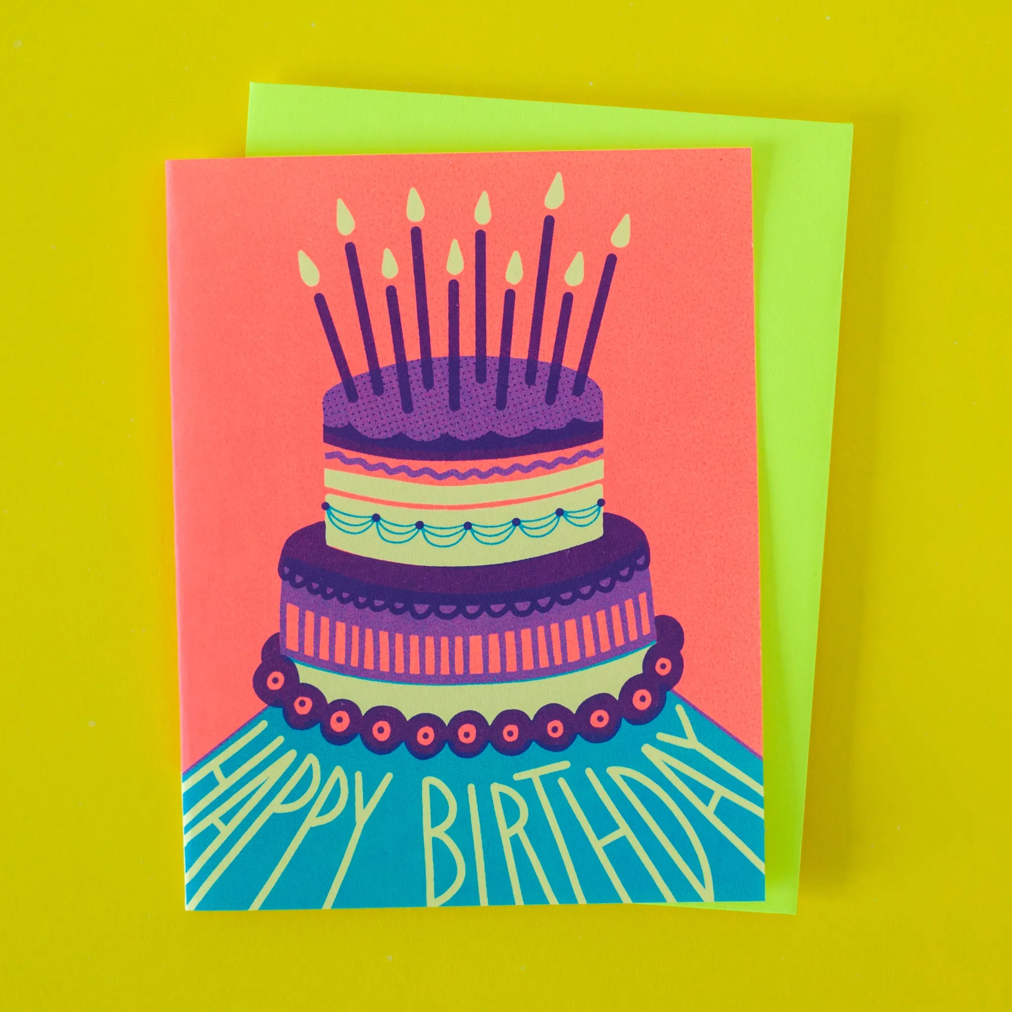 neon happy birthday cake card, fancy birthday cake birthday card