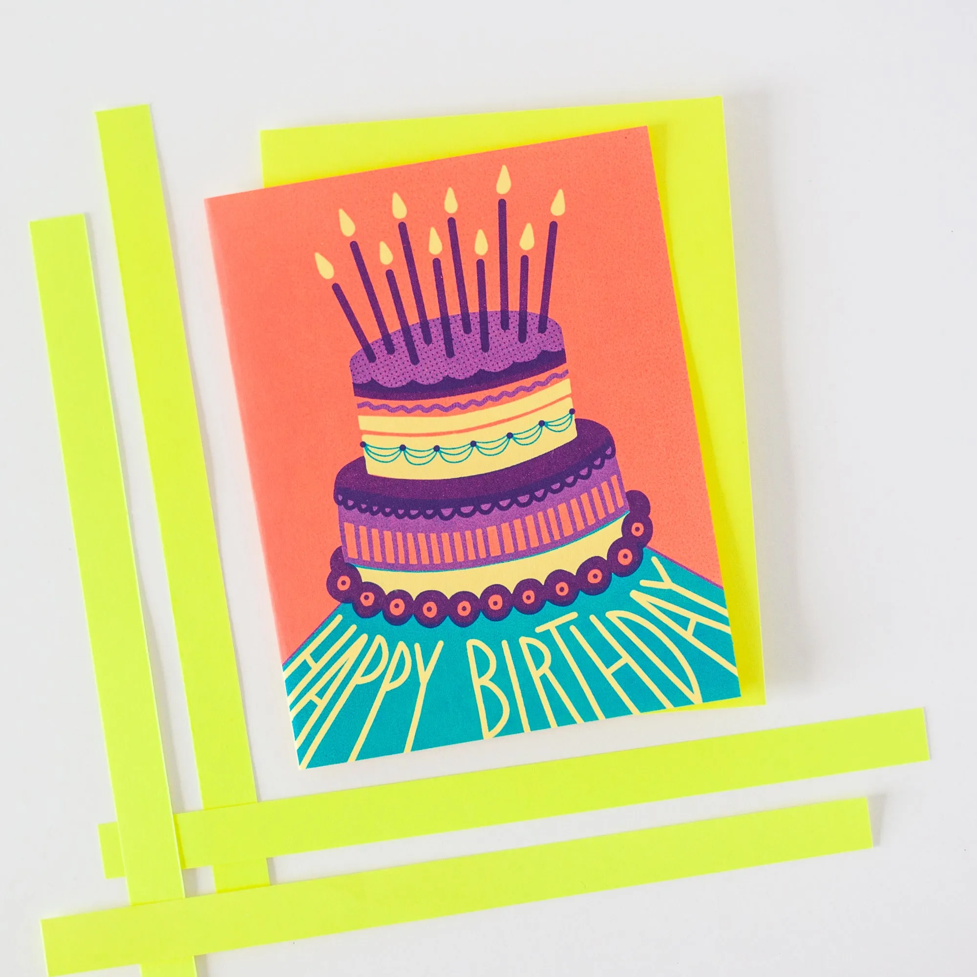 neon happy birthday cake card, fancy birthday cake birthday card