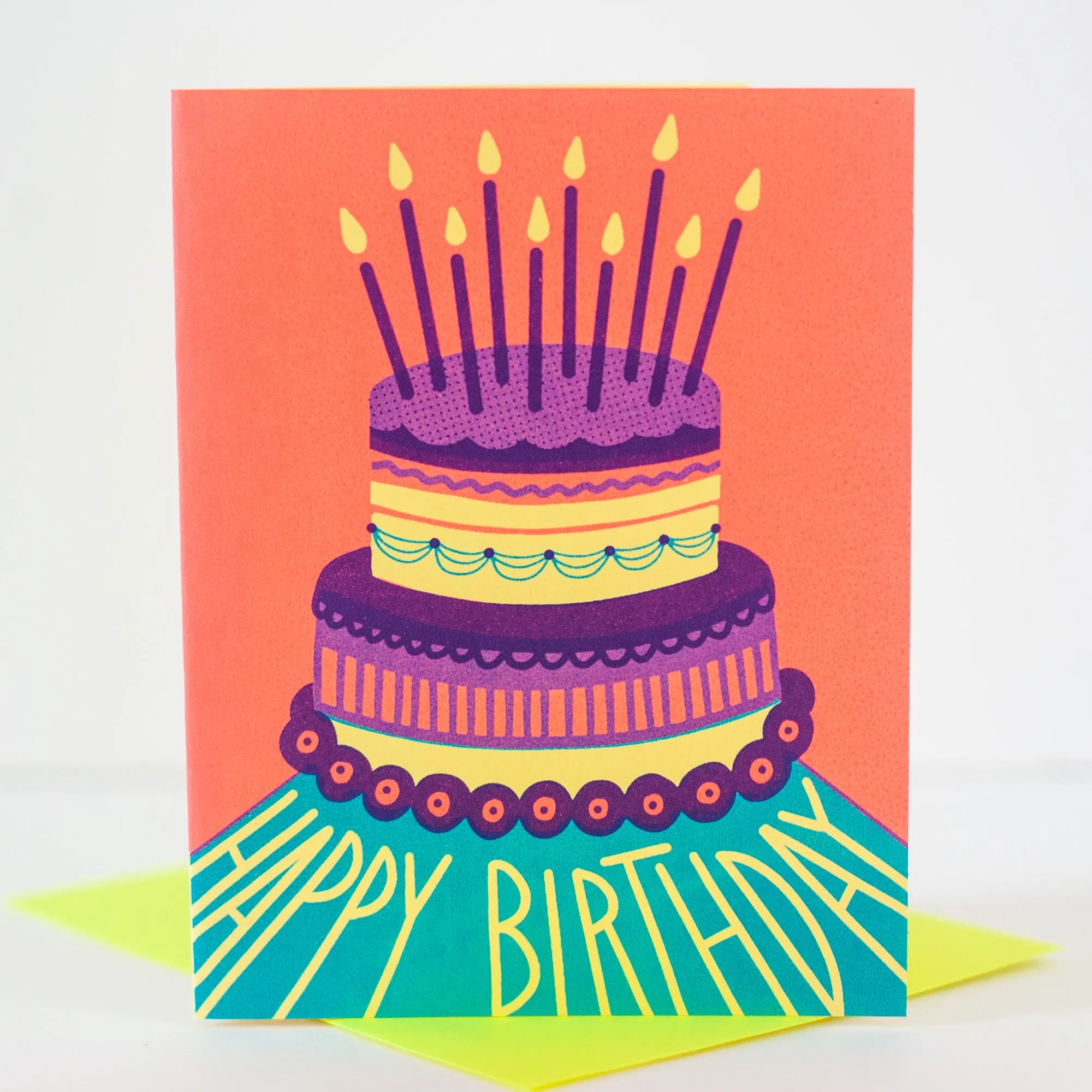 neon happy birthday cake card, fancy birthday cake birthday card