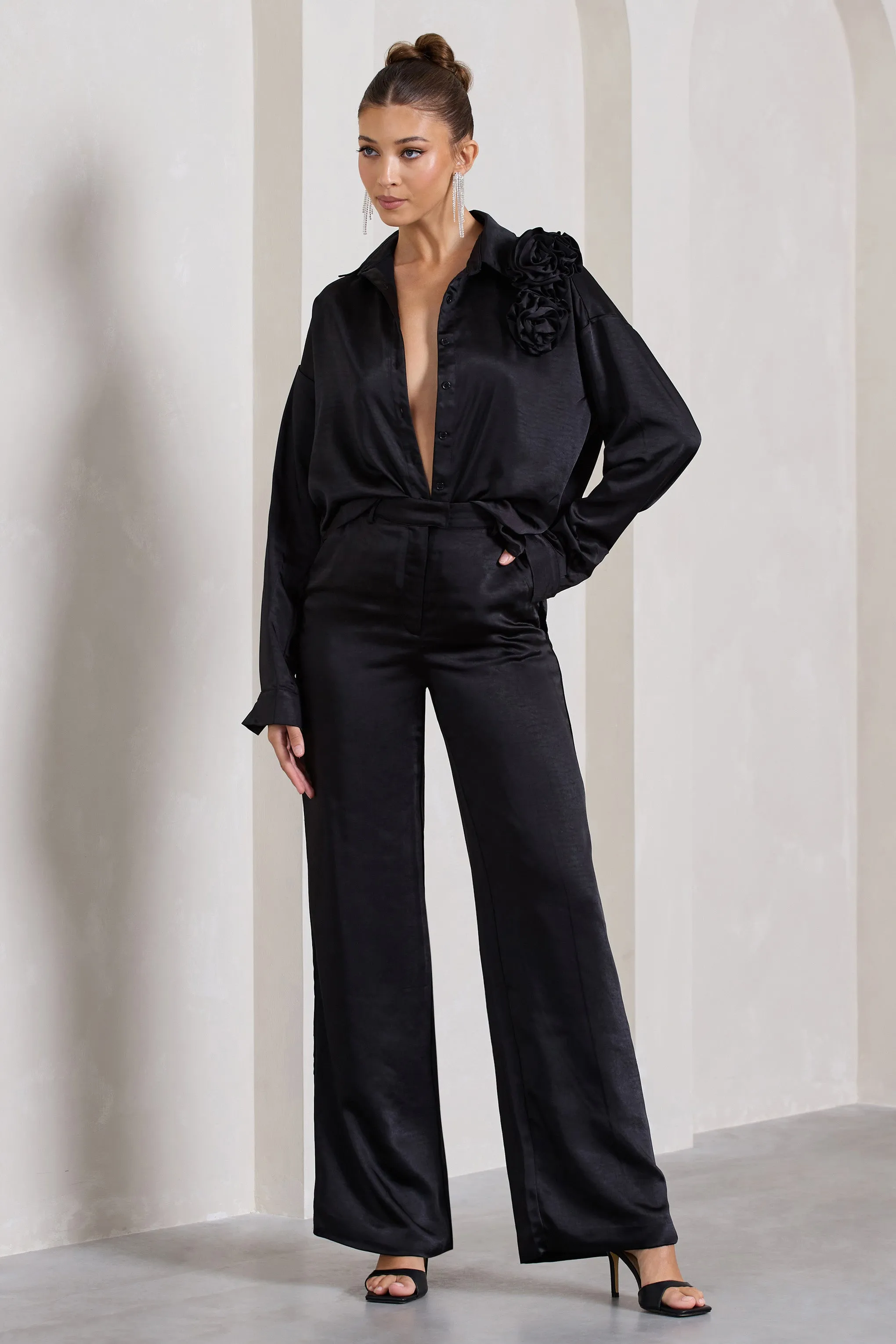 No Limits | Black Satin Wide-Leg Trousers