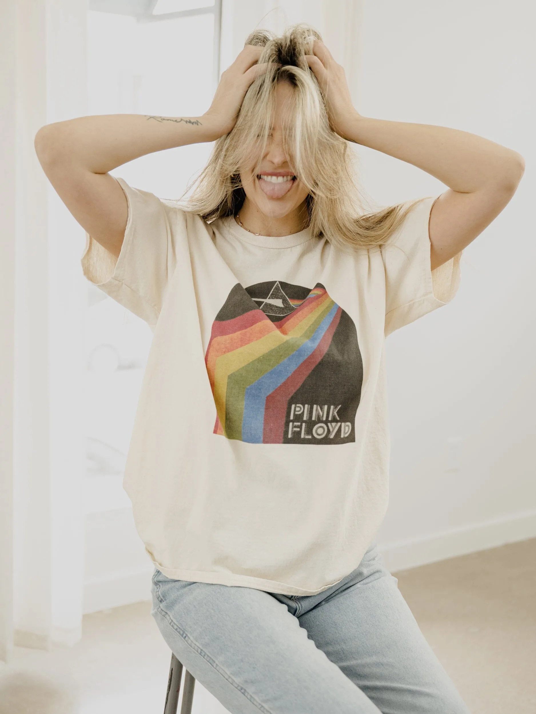 Pink Floyd Dark Side of The Moon Off White Thrifted Distressed Tee