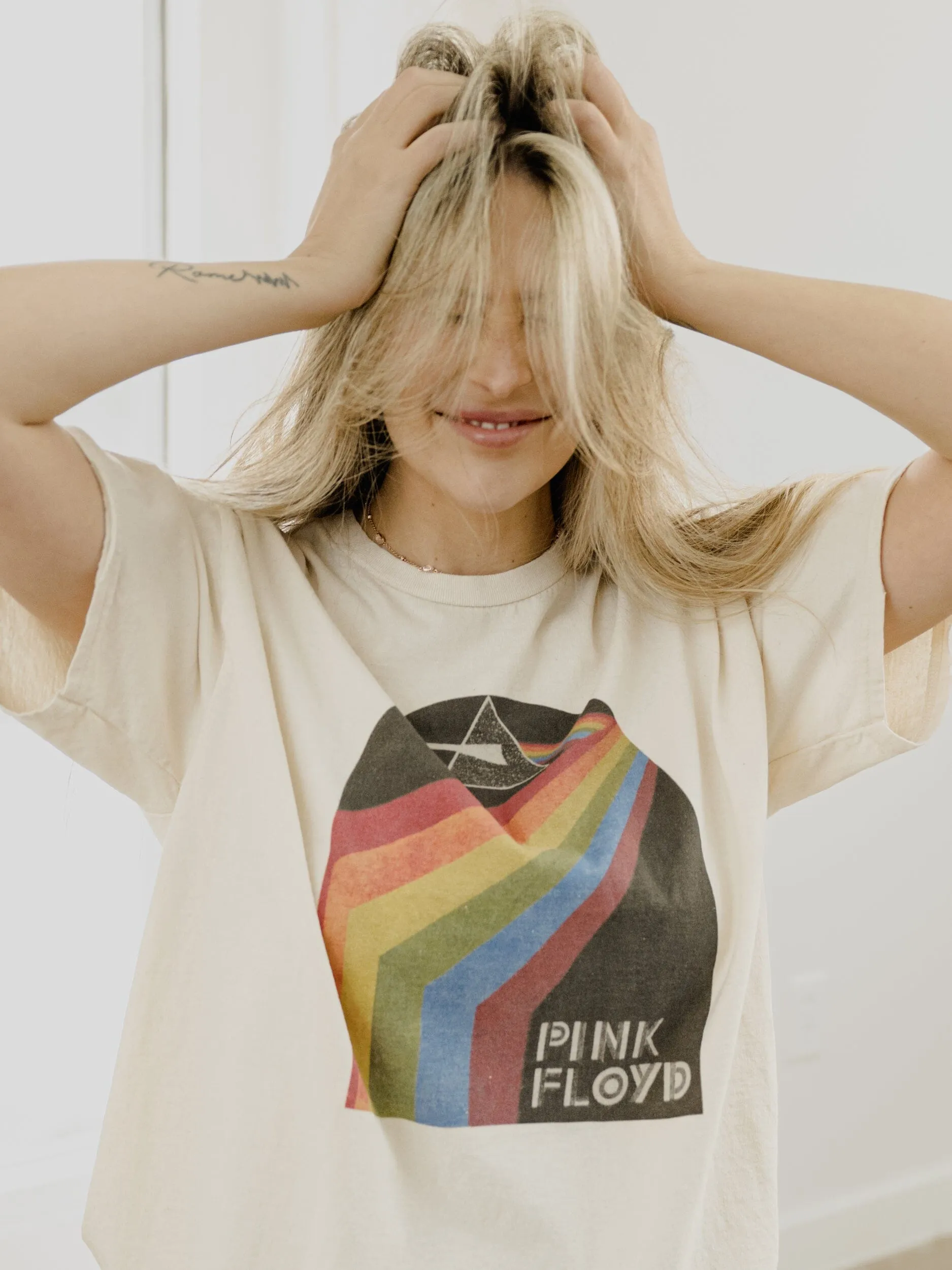 Pink Floyd Dark Side of The Moon Off White Thrifted Distressed Tee