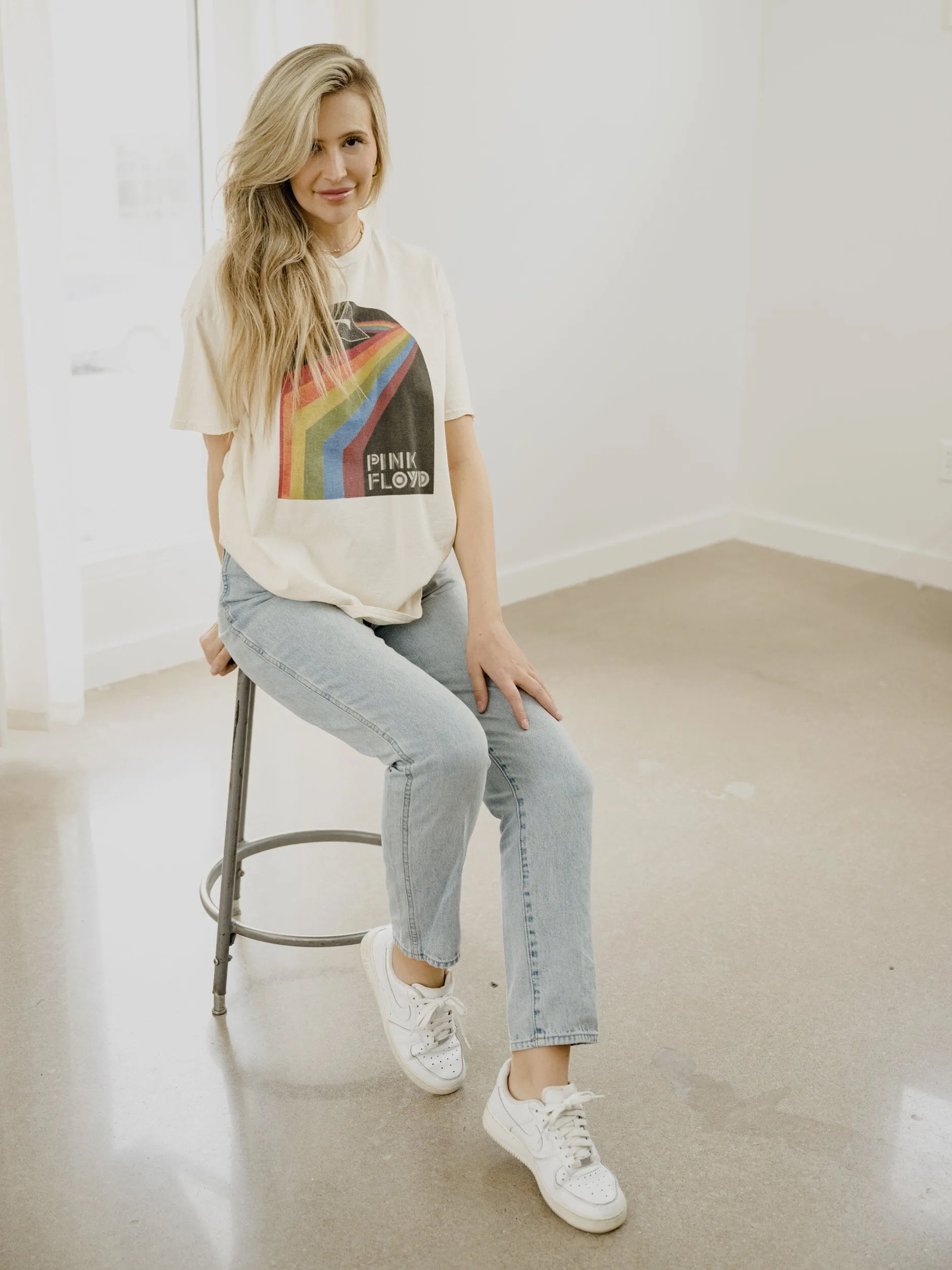 Pink Floyd Dark Side of The Moon Off White Thrifted Distressed Tee