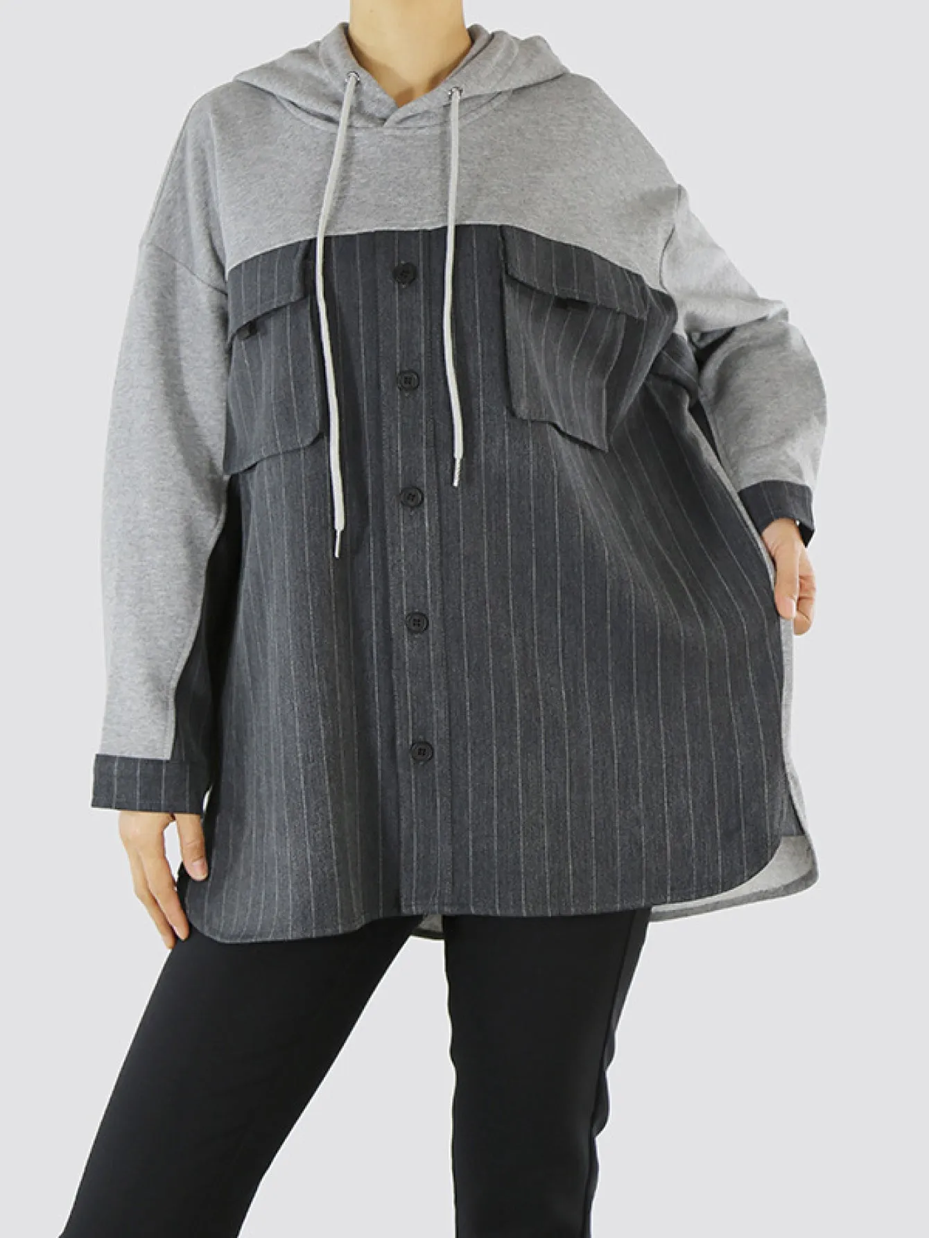 Pinstripe Spliced Drawstring Hoodie