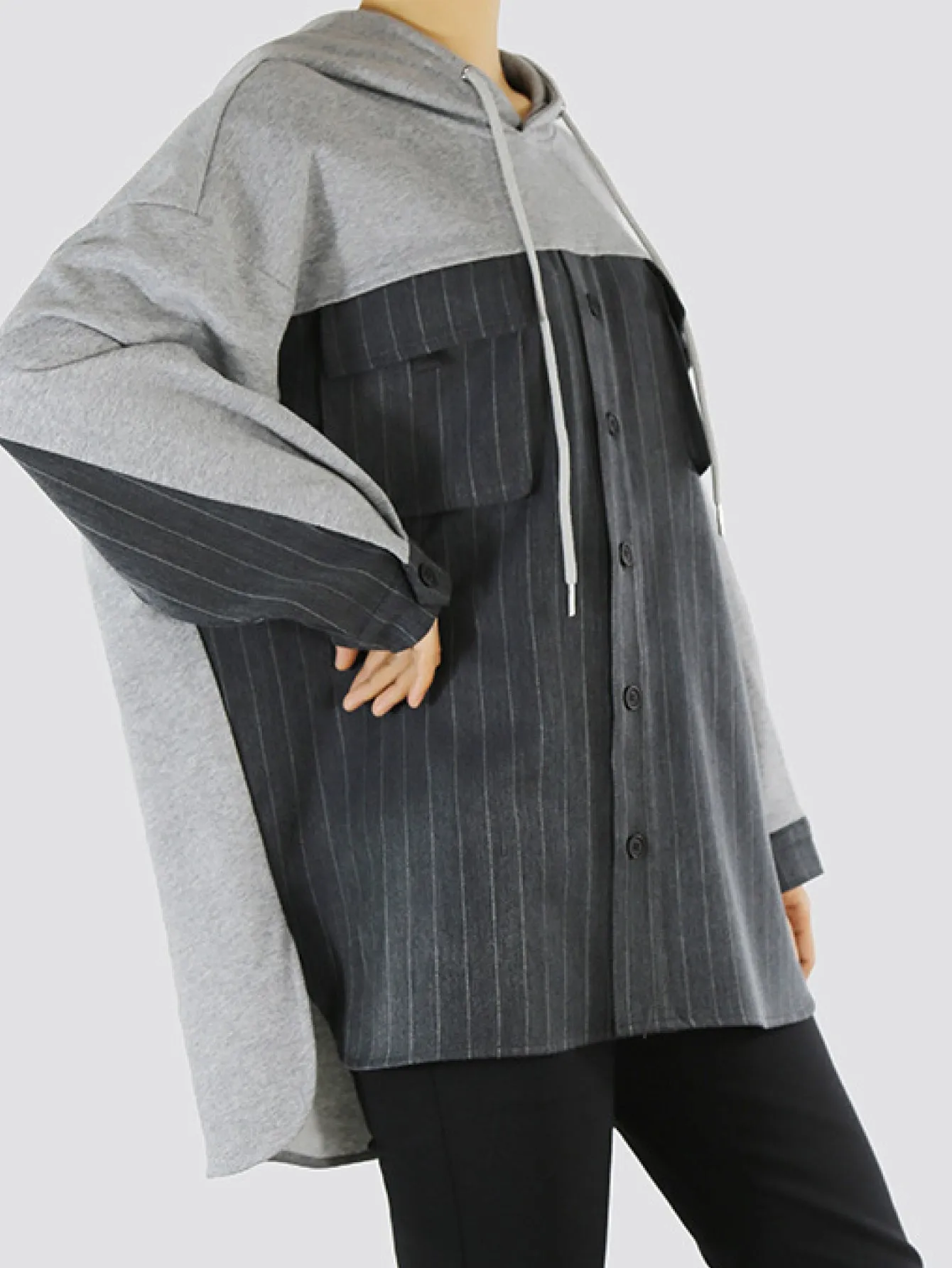 Pinstripe Spliced Drawstring Hoodie