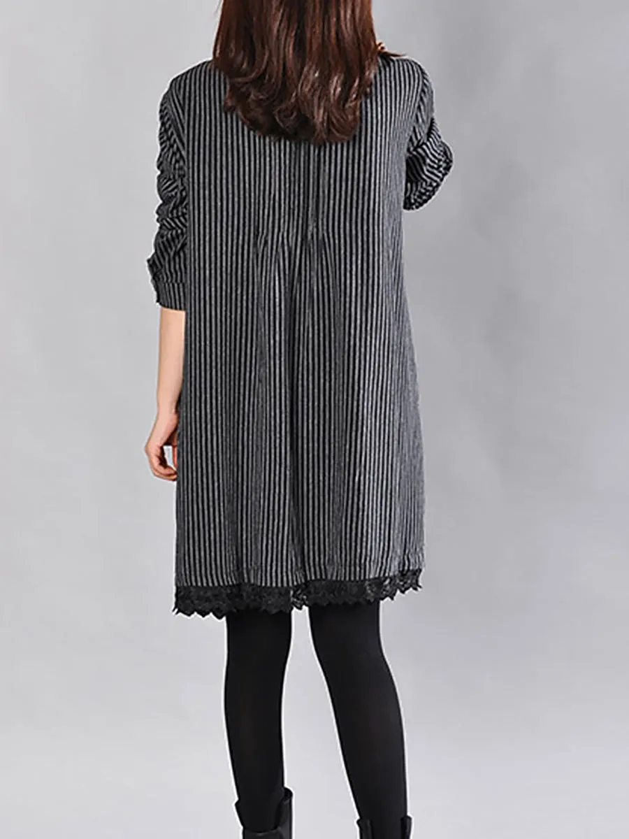 Plus Size Loose Cotton Linen Printing Lace Hem Dress