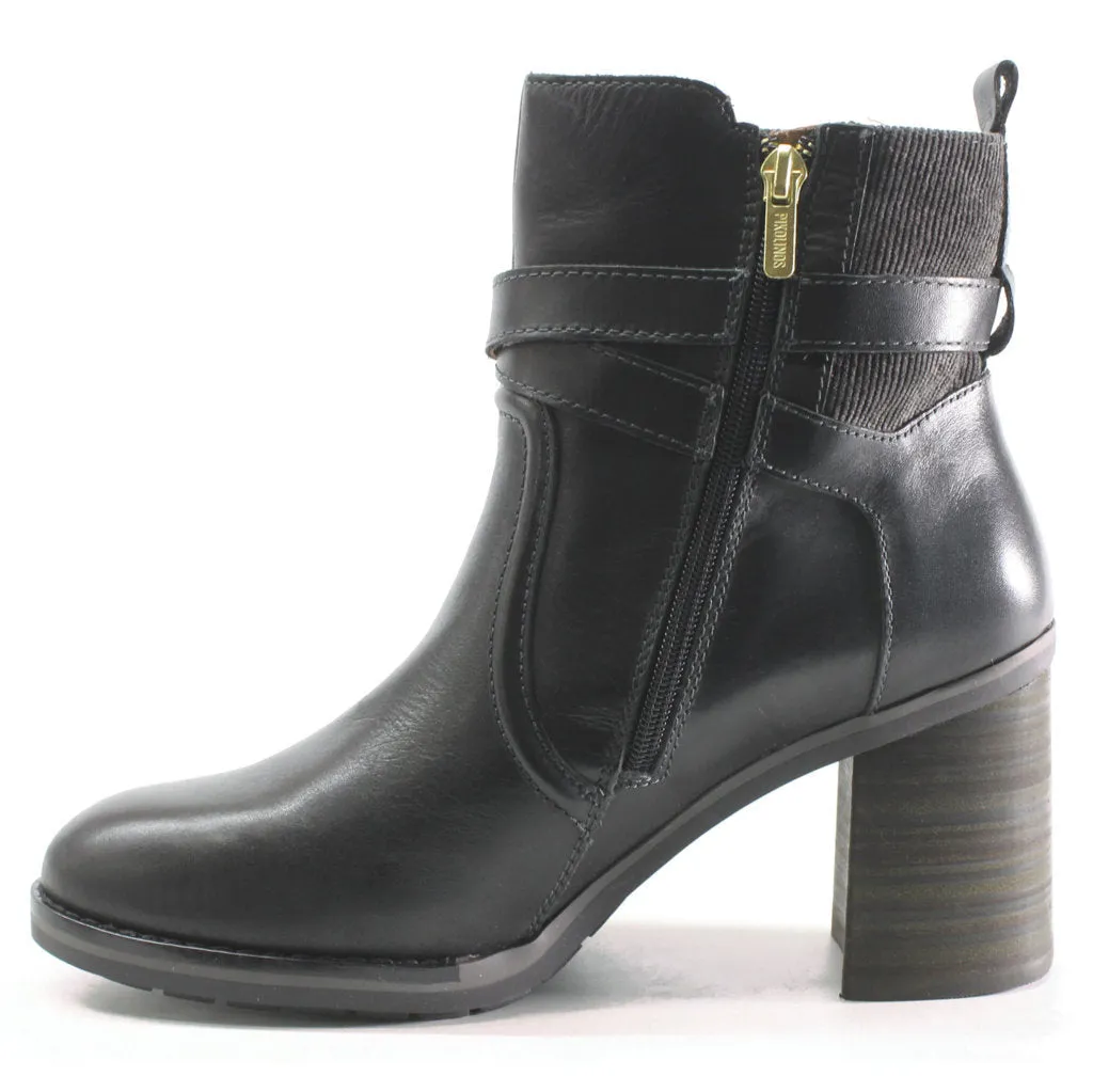 Pompeya Calfskin Leather Women's Zip Up Stack Heeled Boots