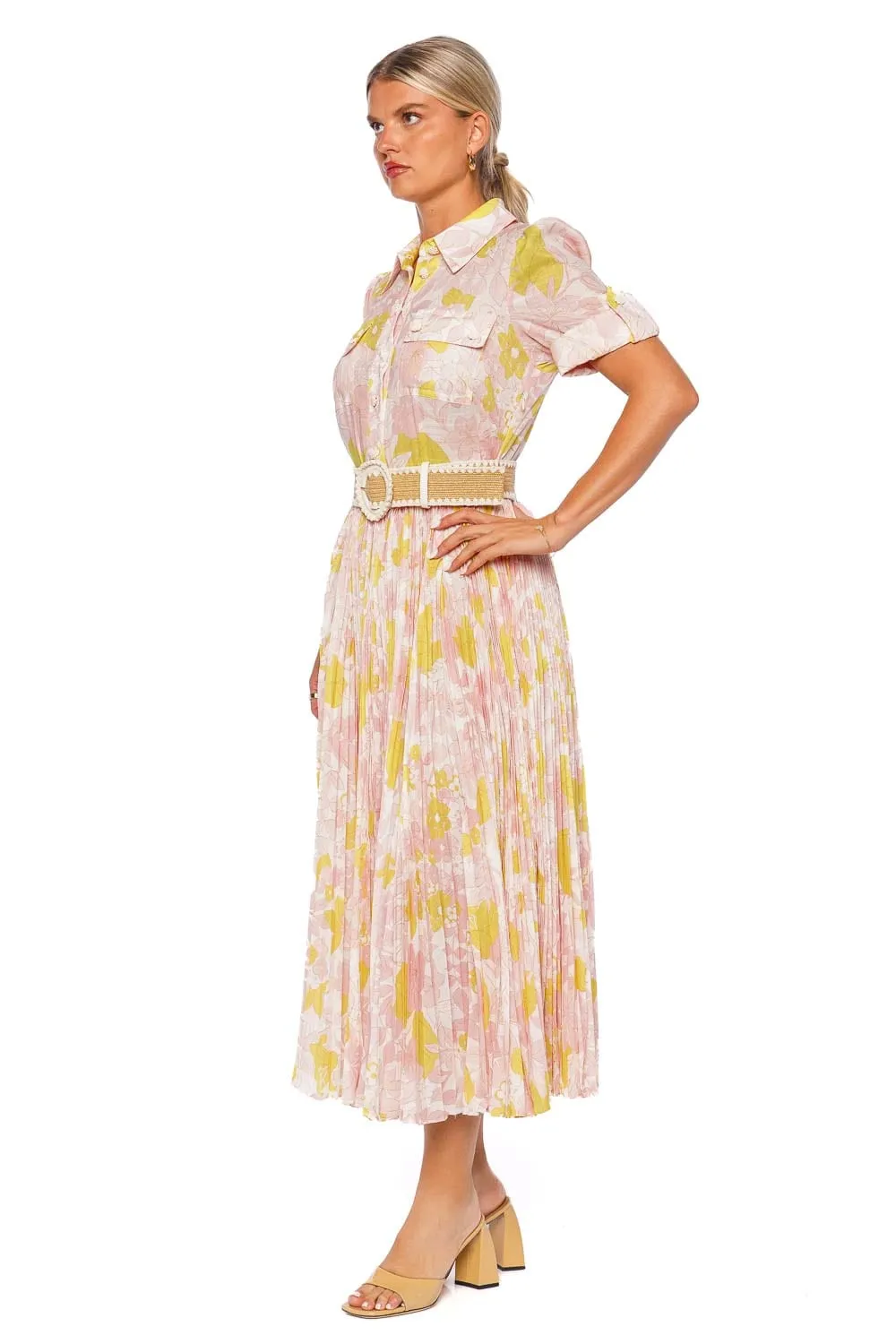 Pop Pleated Floral Belted Midi Dress