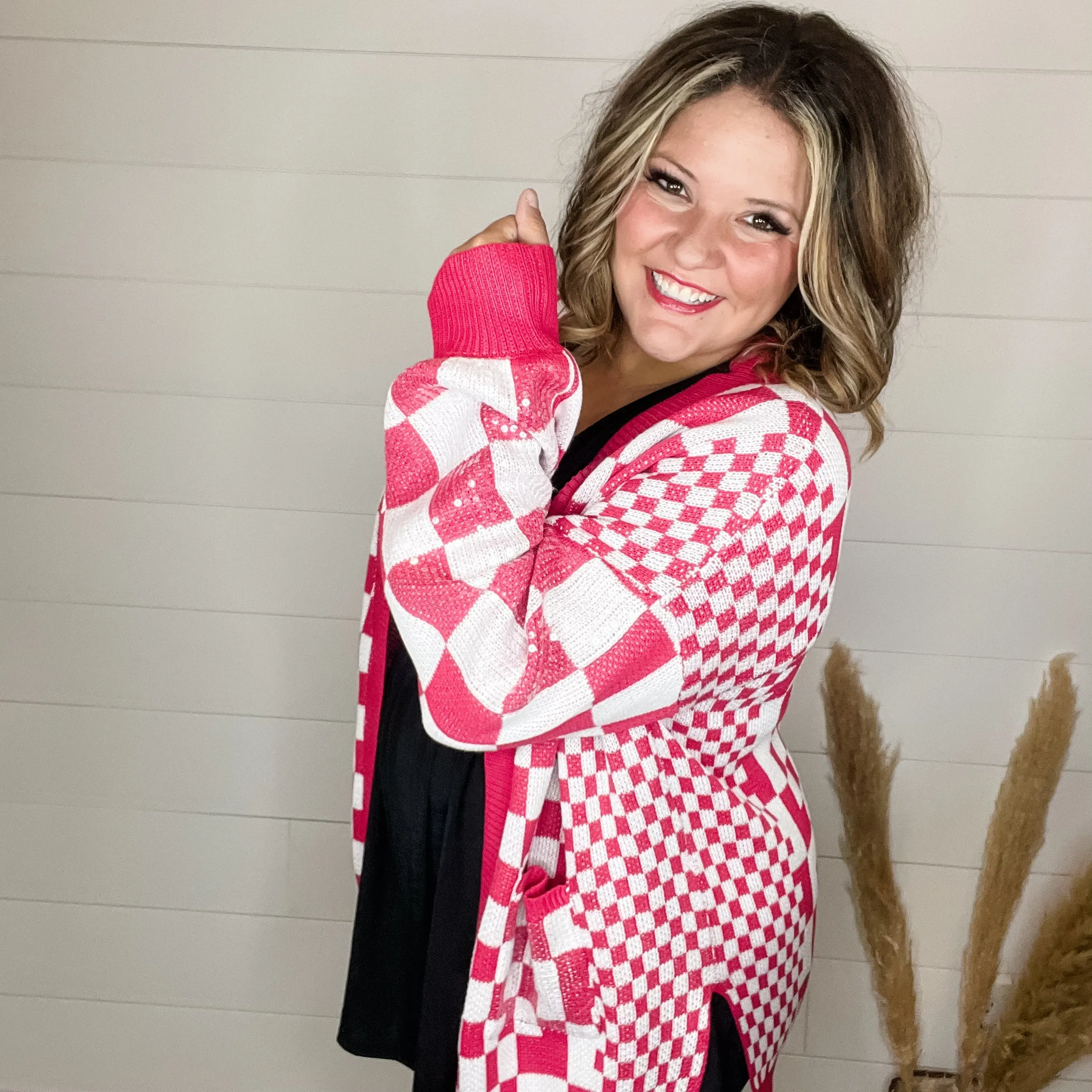 "Check Me Out" Checkered Cardigan with Sequin Detail (Multiple Colors)