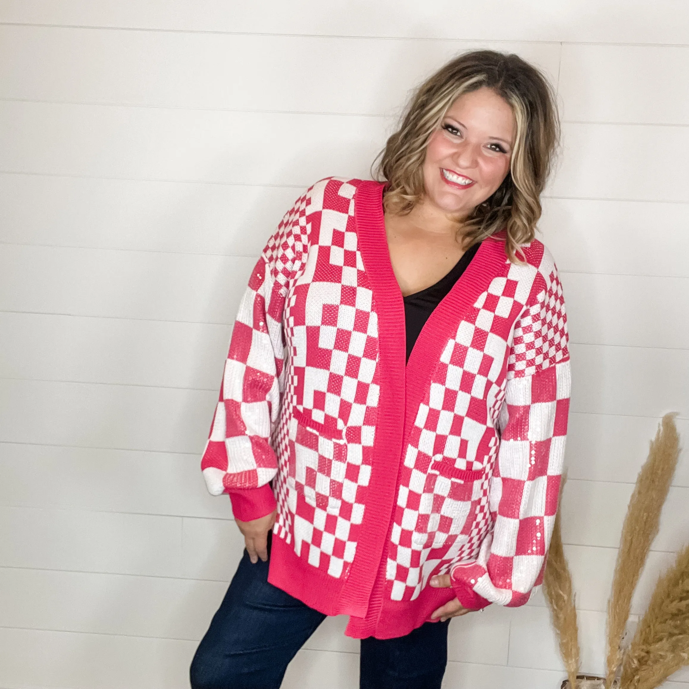 "Check Me Out" Checkered Cardigan with Sequin Detail (Multiple Colors)