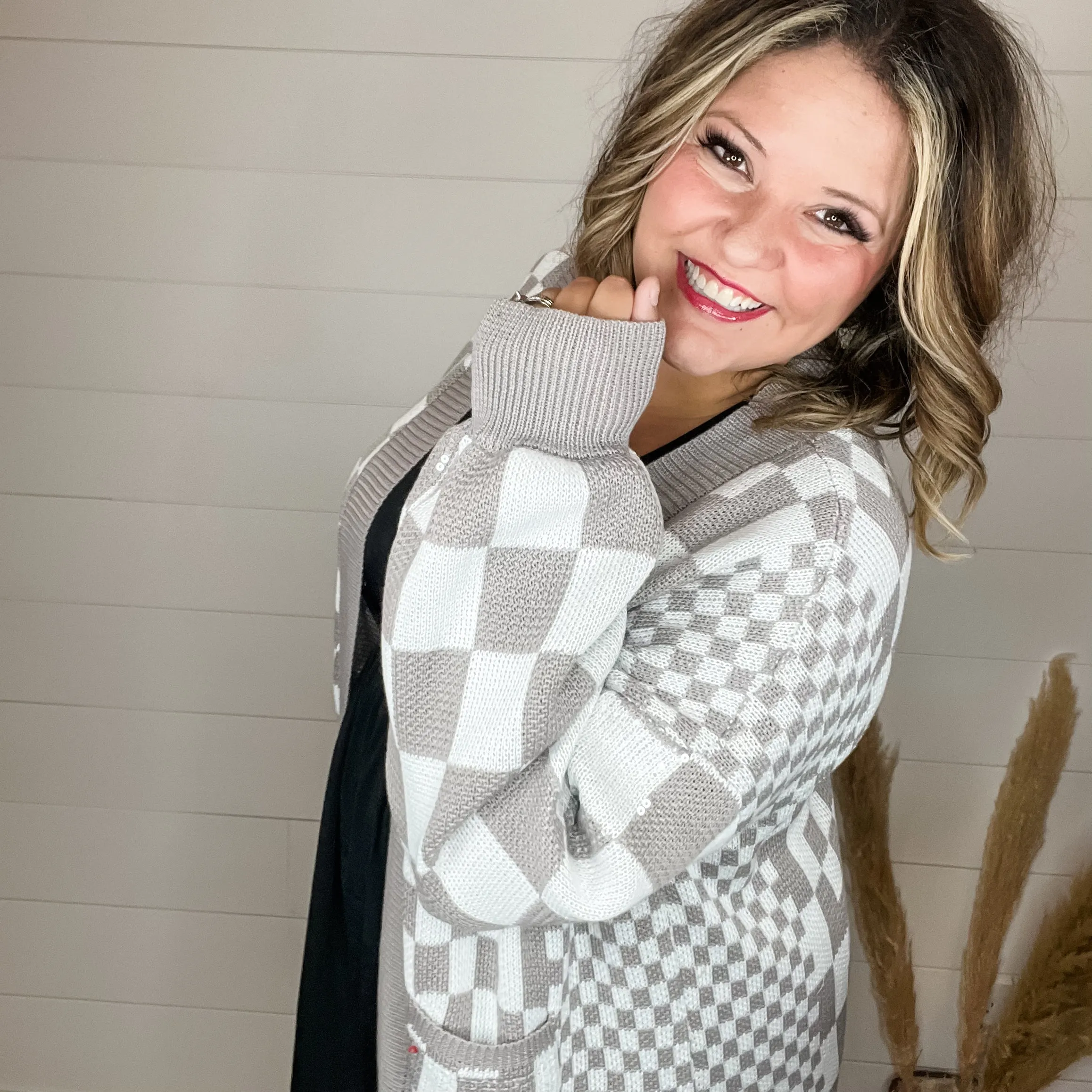 "Check Me Out" Checkered Cardigan with Sequin Detail (Multiple Colors)