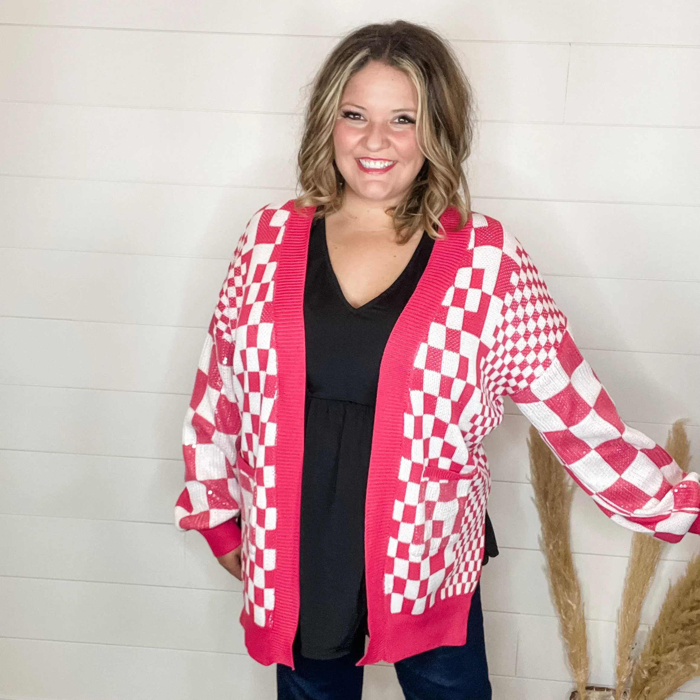 "Check Me Out" Checkered Cardigan with Sequin Detail (Multiple Colors)