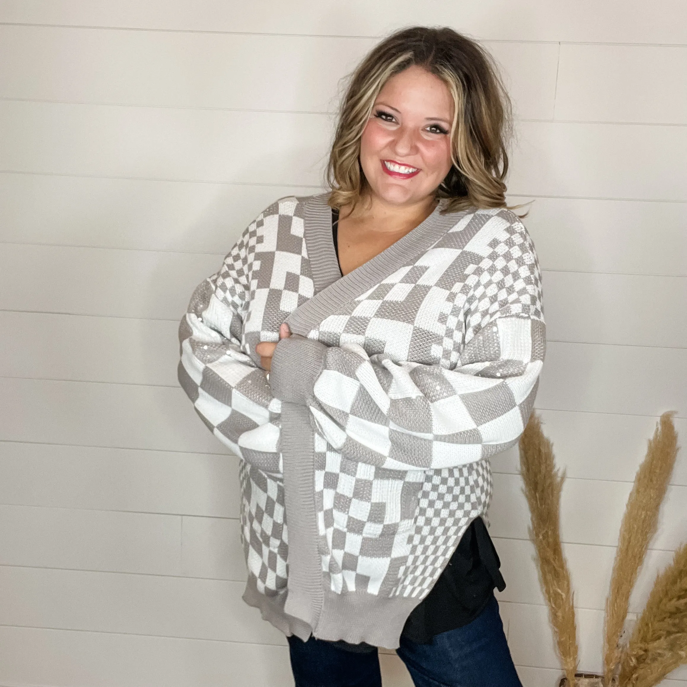 "Check Me Out" Checkered Cardigan with Sequin Detail (Multiple Colors)