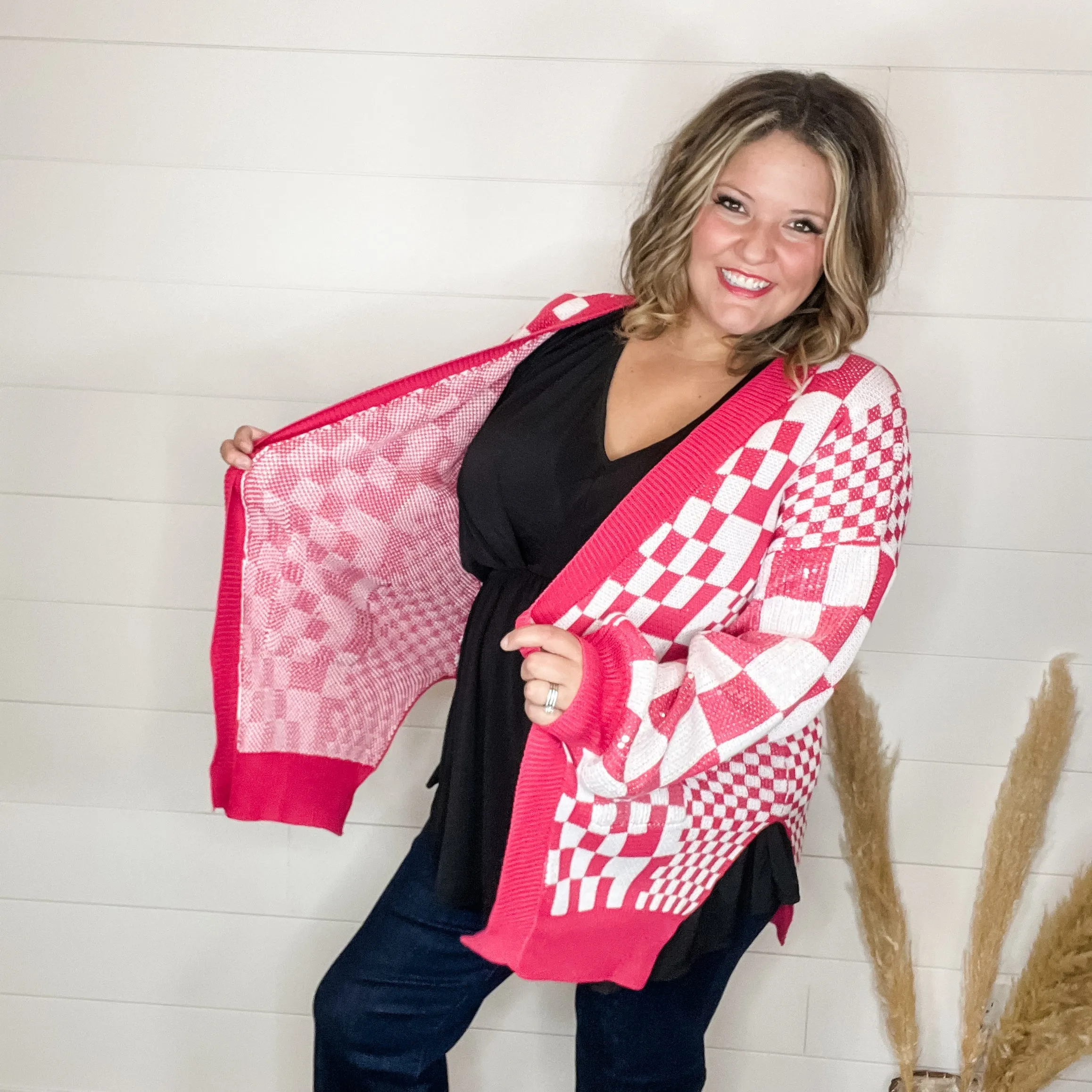 "Check Me Out" Checkered Cardigan with Sequin Detail (Multiple Colors)