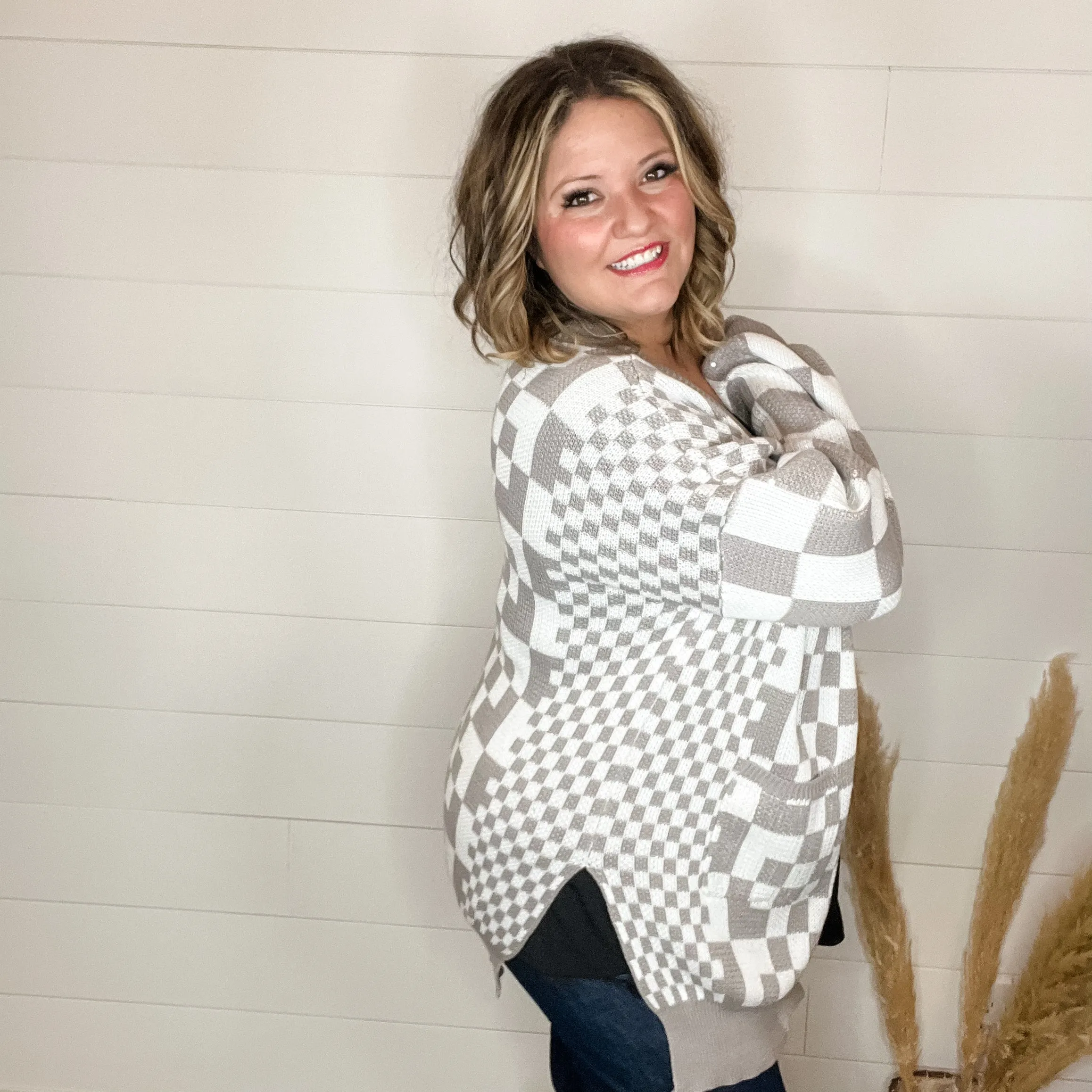 "Check Me Out" Checkered Cardigan with Sequin Detail (Multiple Colors)