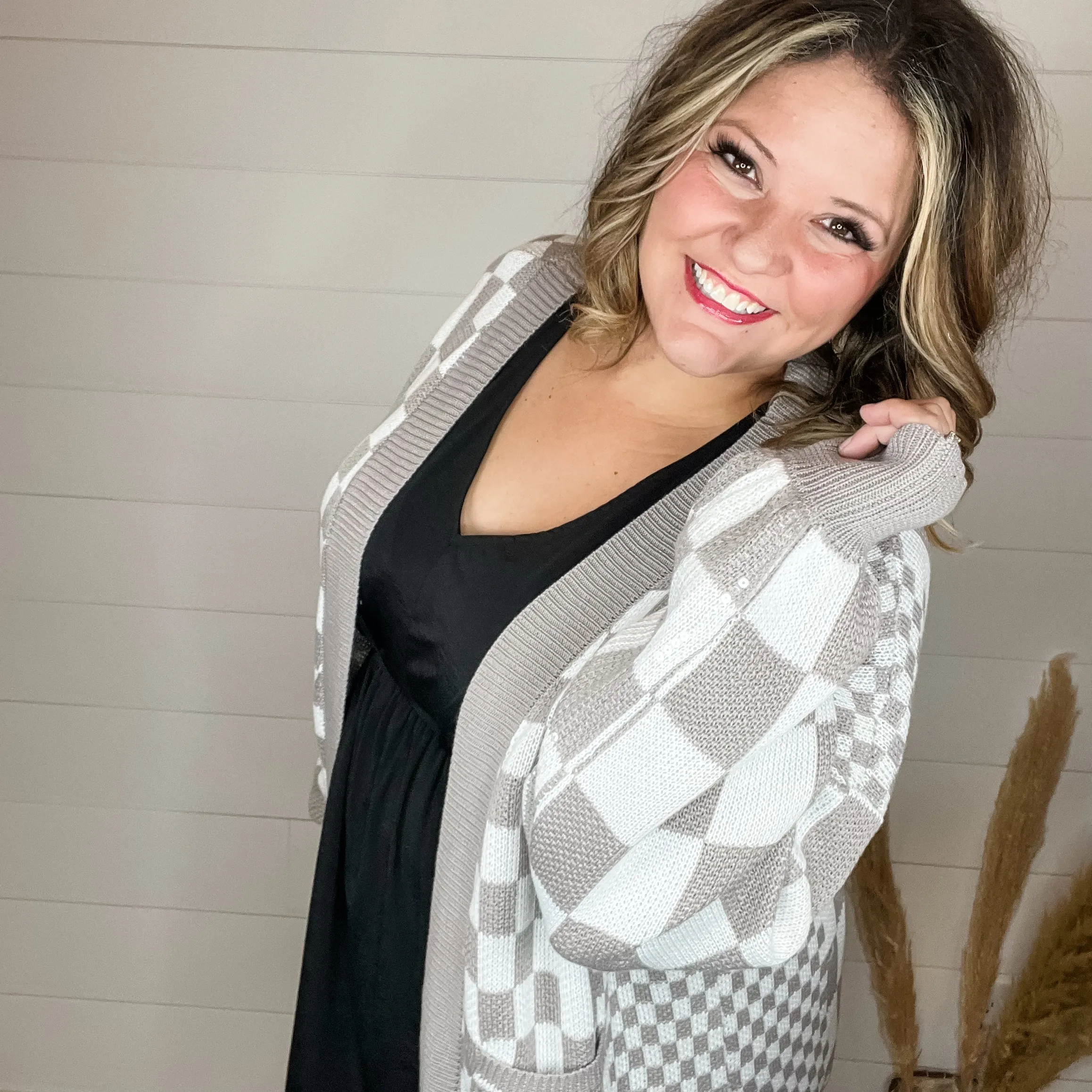 "Check Me Out" Checkered Cardigan with Sequin Detail (Multiple Colors)