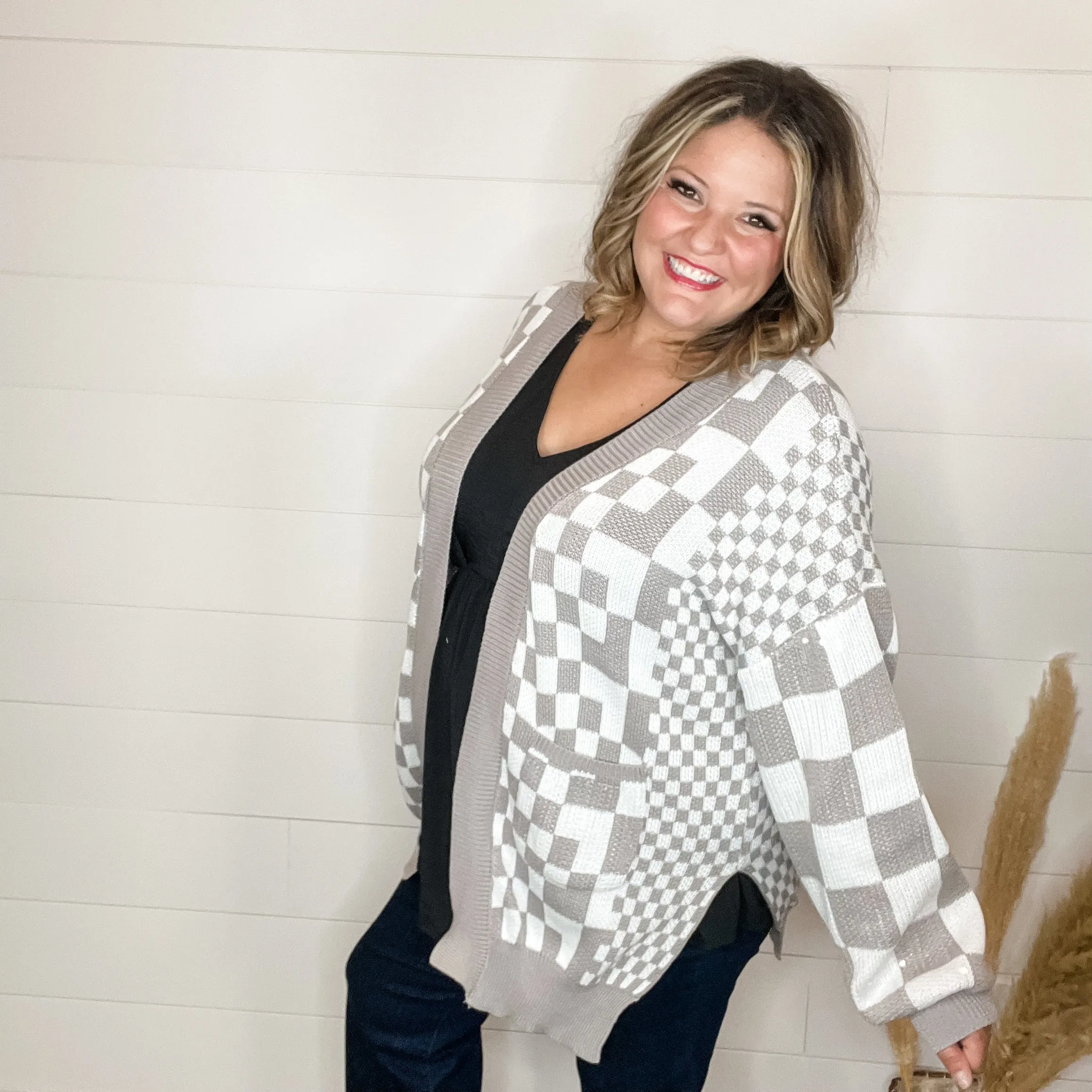 "Check Me Out" Checkered Cardigan with Sequin Detail (Multiple Colors)