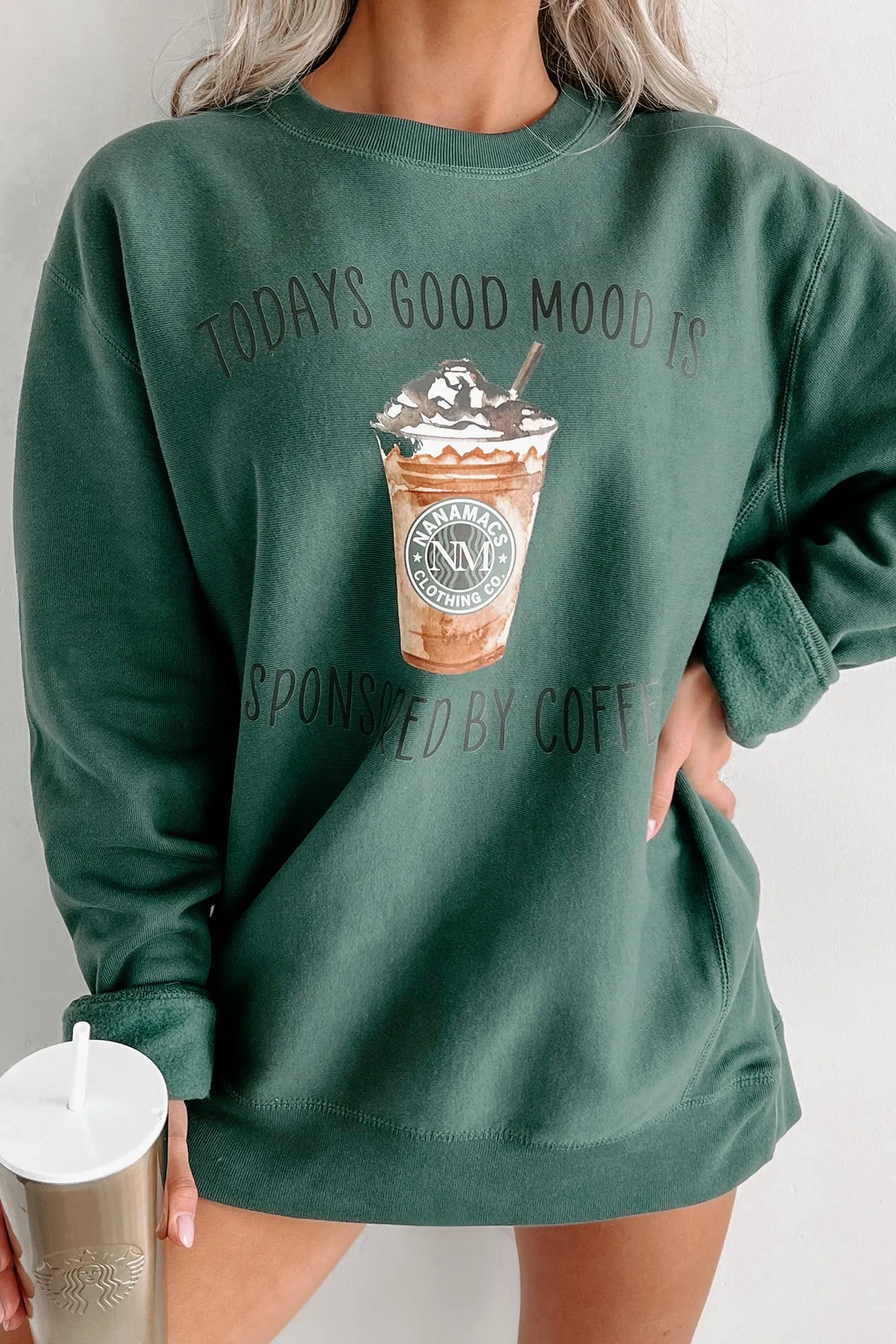 "Sponsored By Coffee" Heavyweight Graphic Crewneck (Alpine Green) - Print On Demand