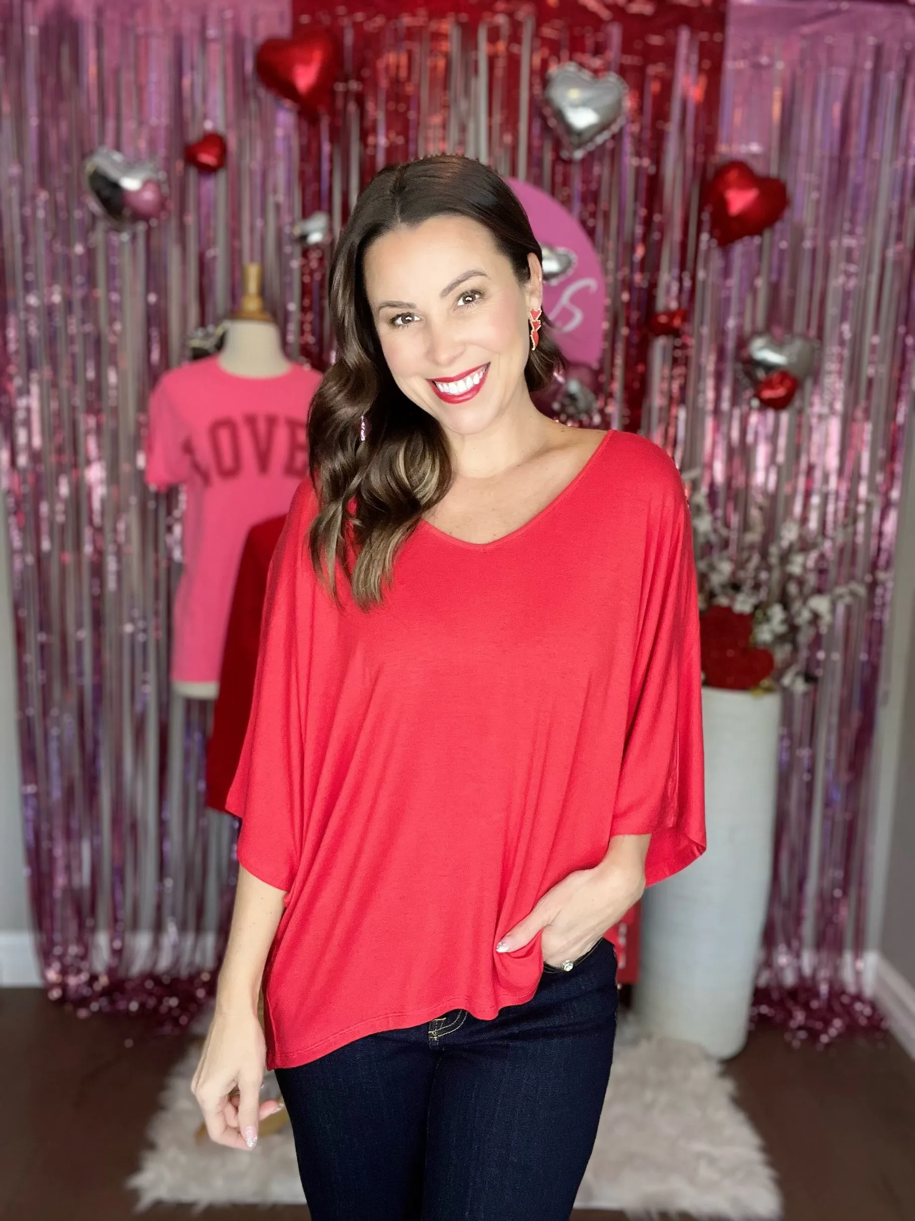 Red V Neck High Low Batwing Dolman Top