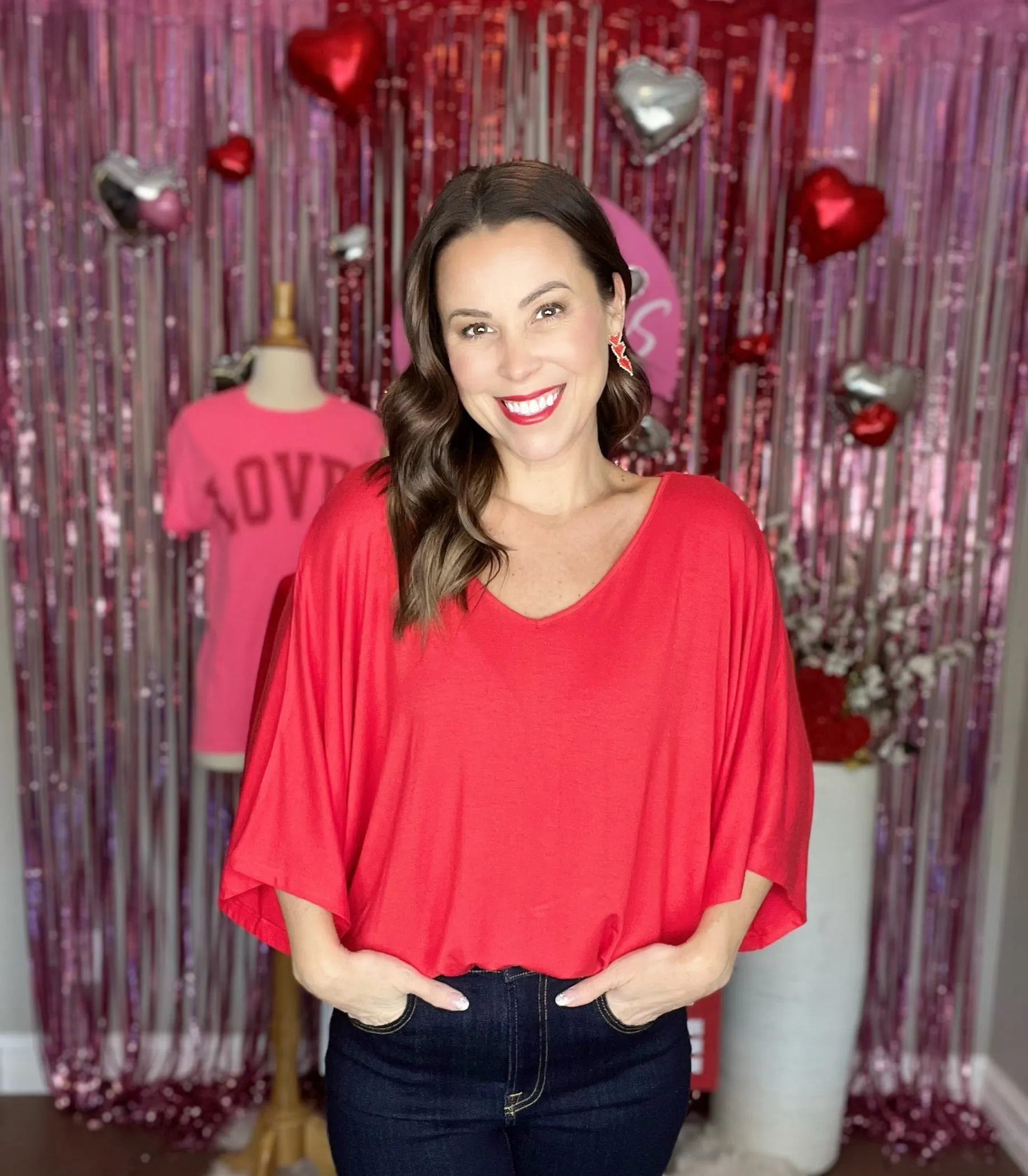 Red V Neck High Low Batwing Dolman Top