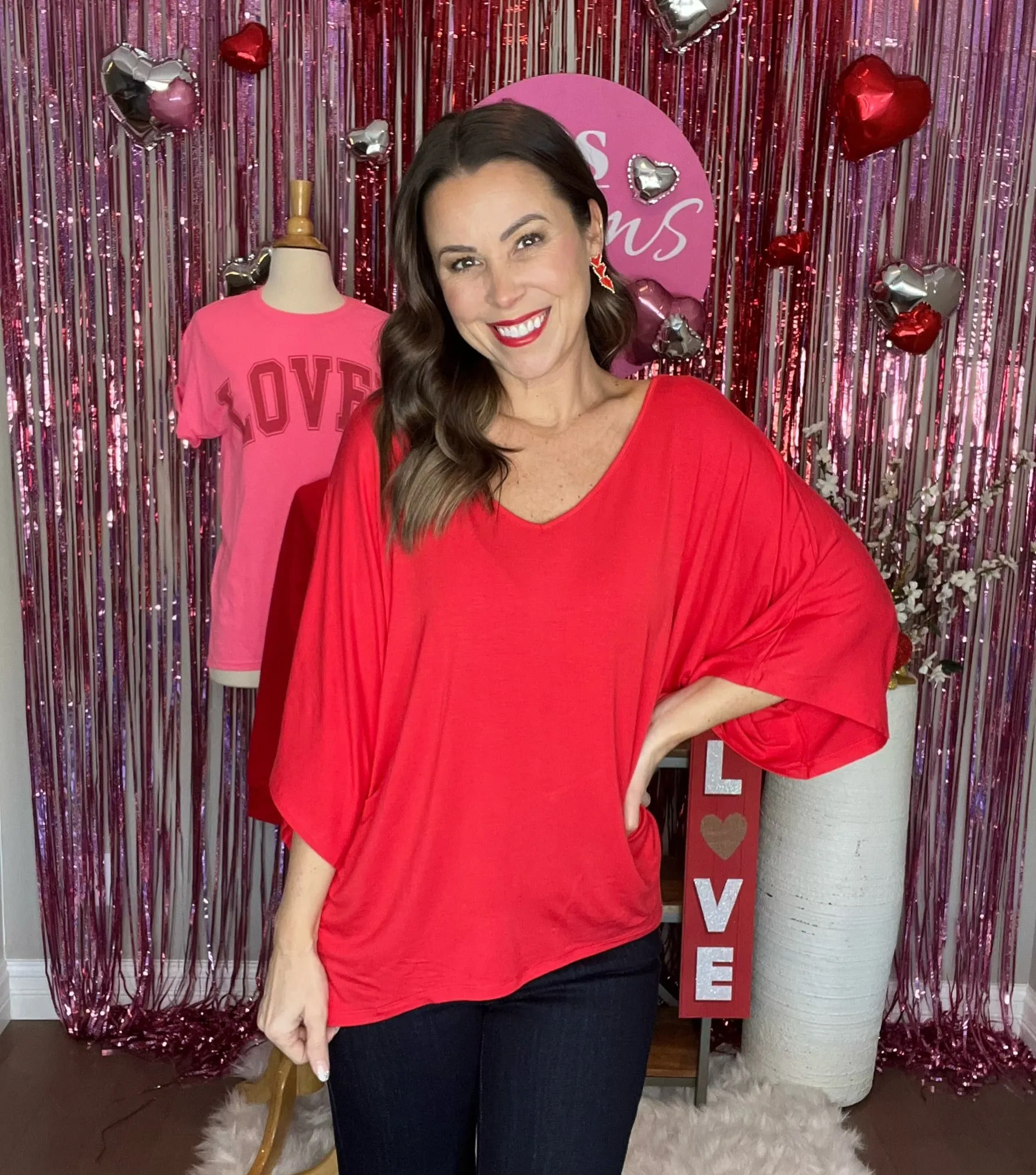 Red V Neck High Low Batwing Dolman Top