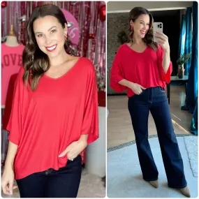 Red V Neck High Low Batwing Dolman Top