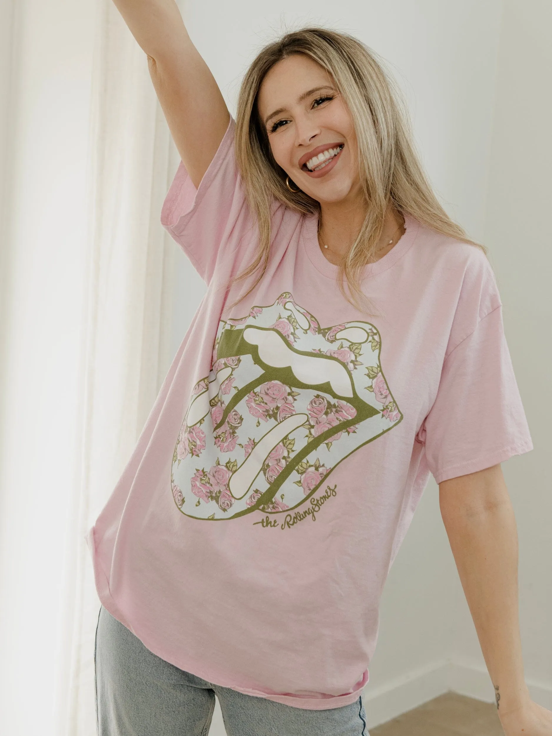 Rolling Stones Floral Lick Pink Thrifted Distressed Tee