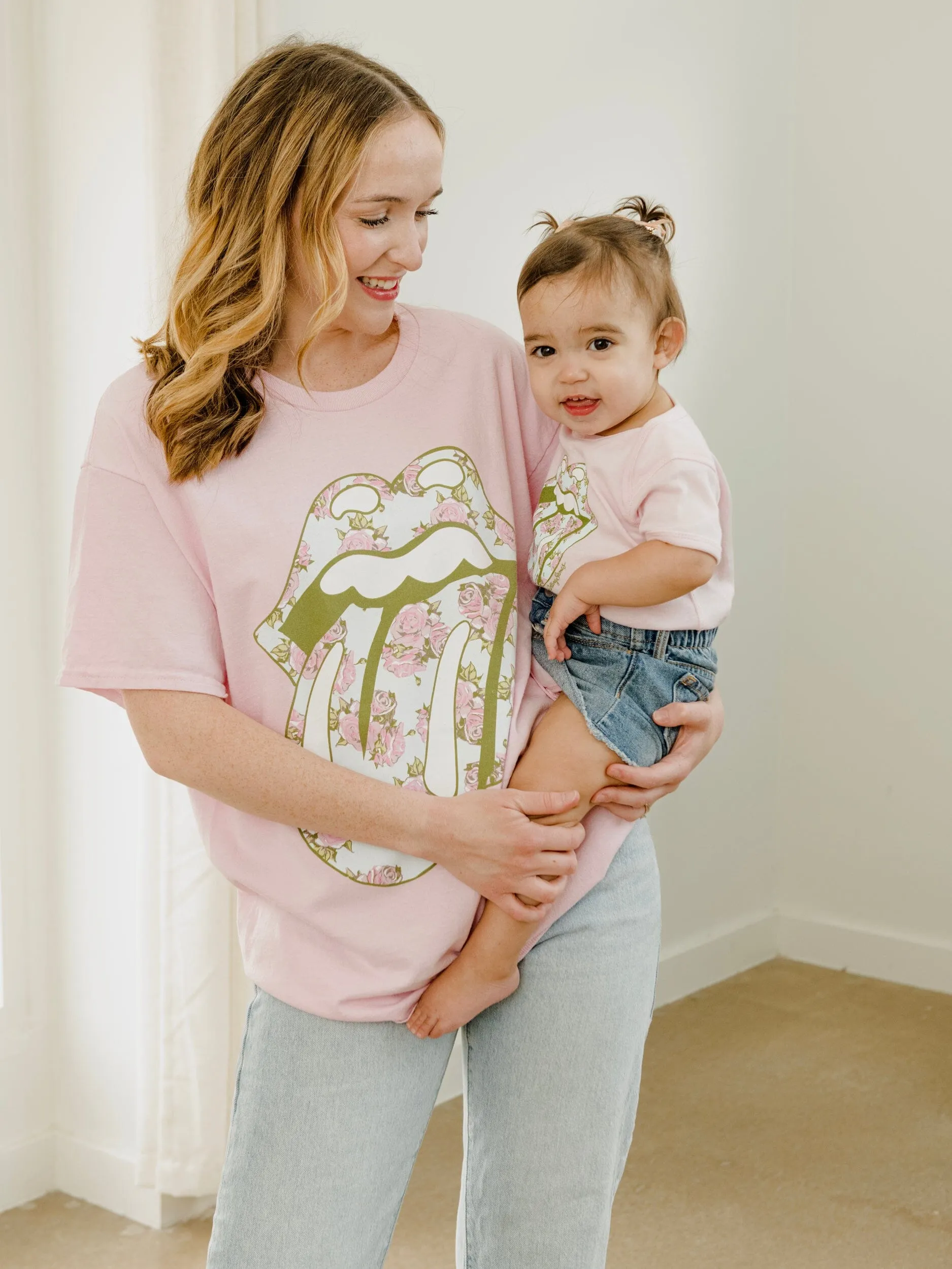 Rolling Stones Floral Lick Pink Thrifted Distressed Tee