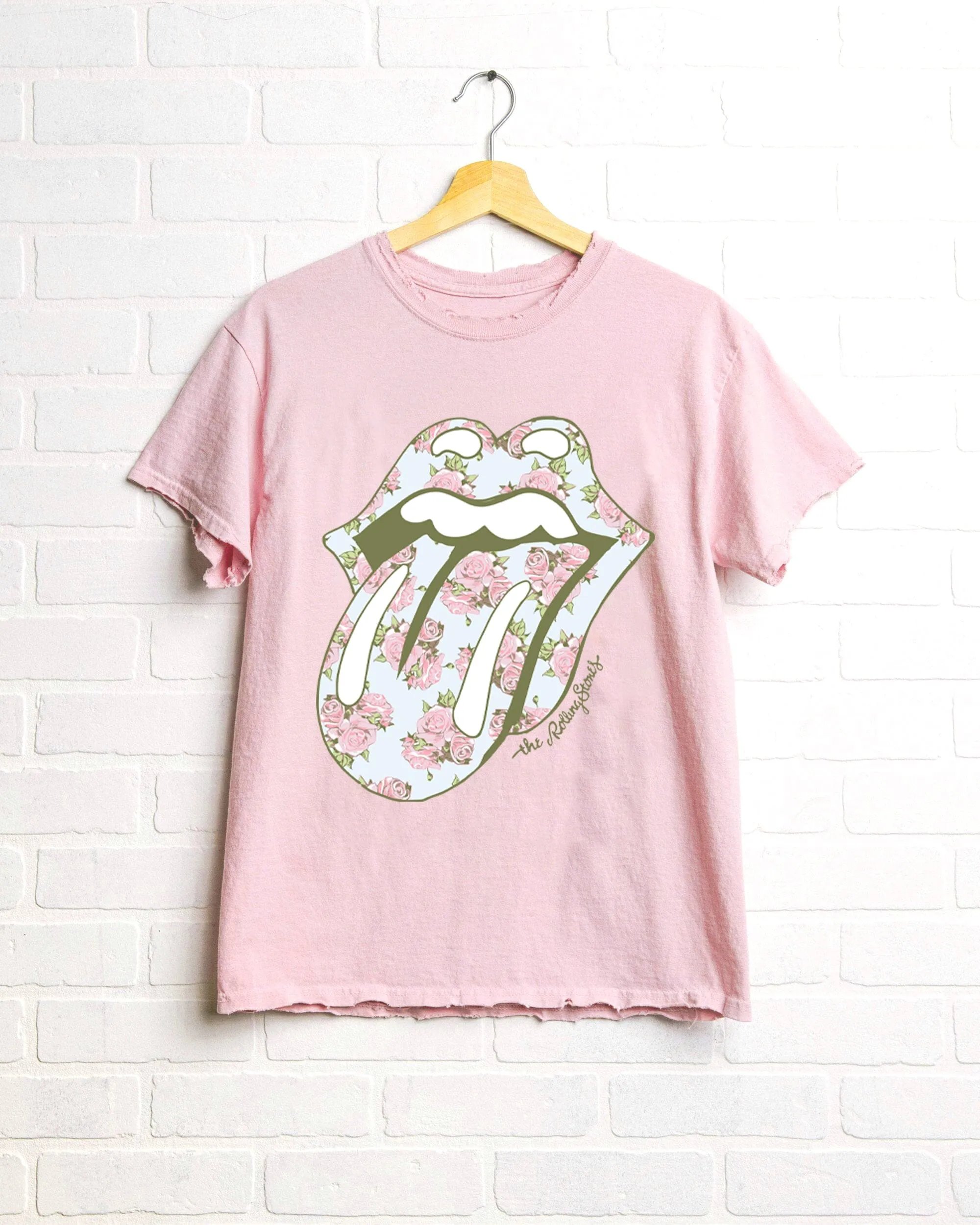 Rolling Stones Floral Lick Pink Thrifted Distressed Tee