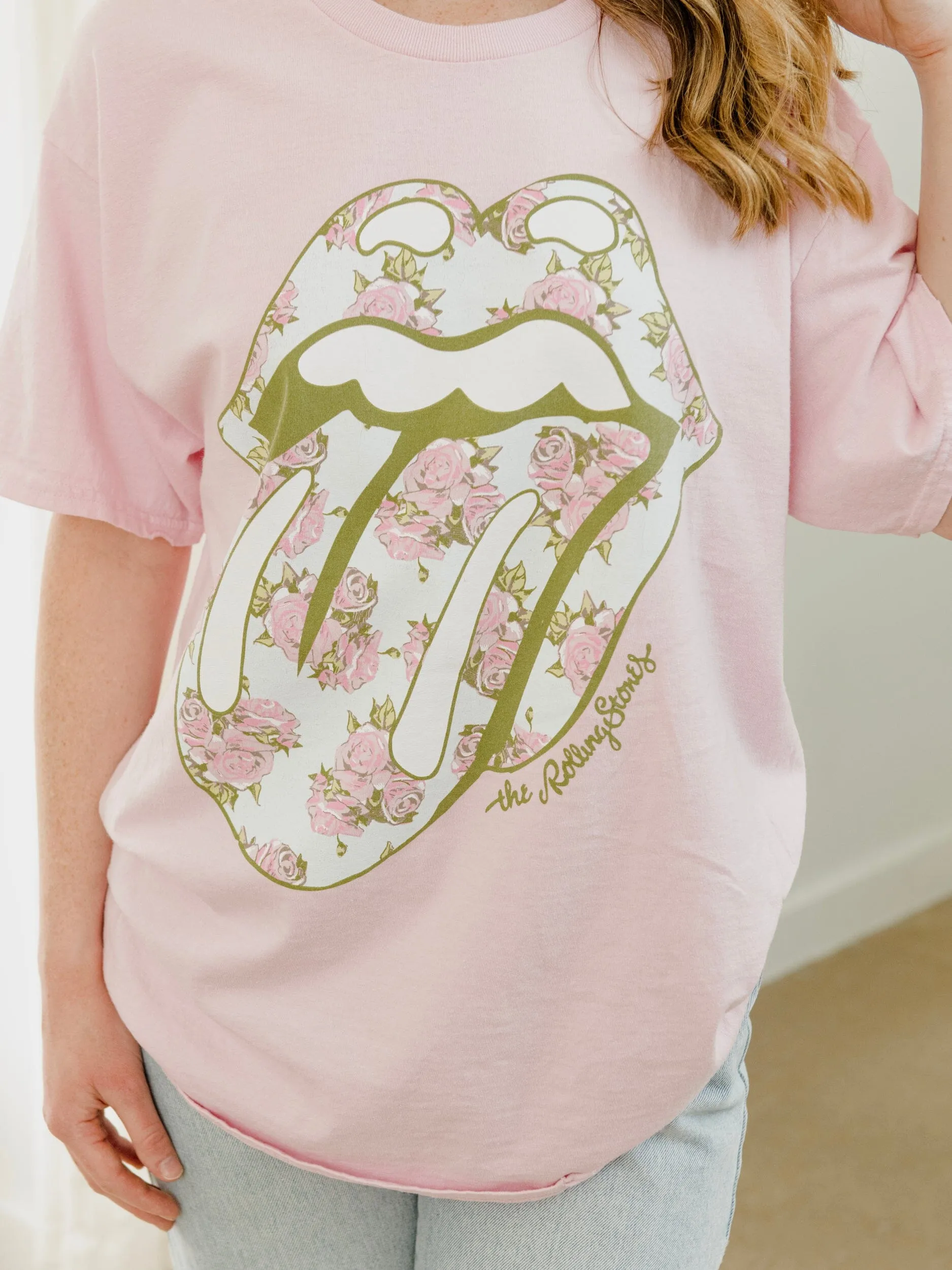 Rolling Stones Floral Lick Pink Thrifted Distressed Tee