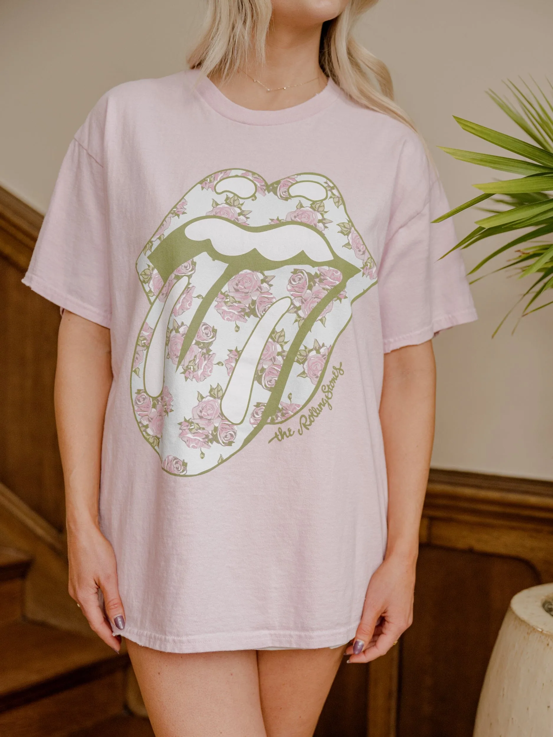 Rolling Stones Floral Lick Pink Thrifted Distressed Tee