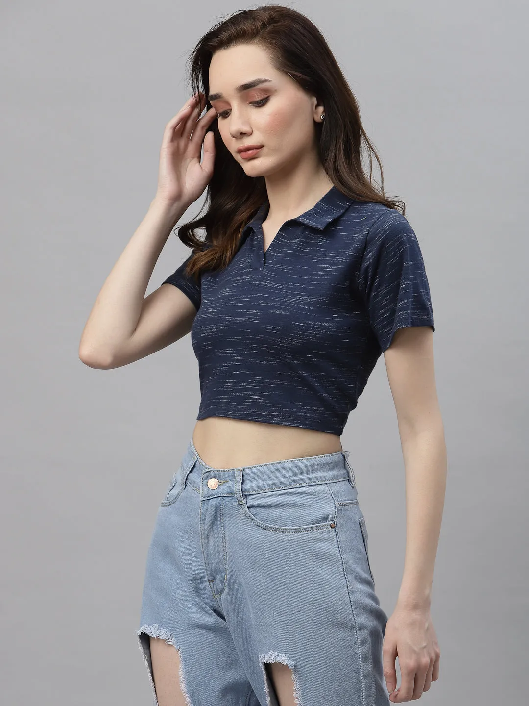 Self Texture Collared Crop Top