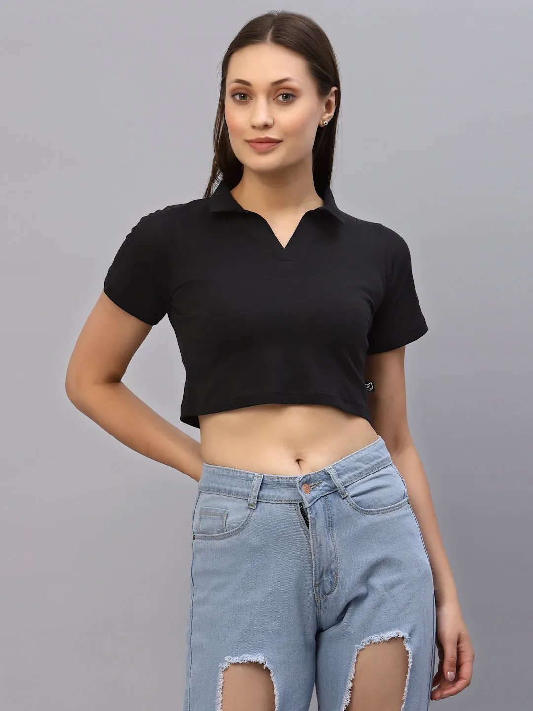 Self Texture Collared Crop Top