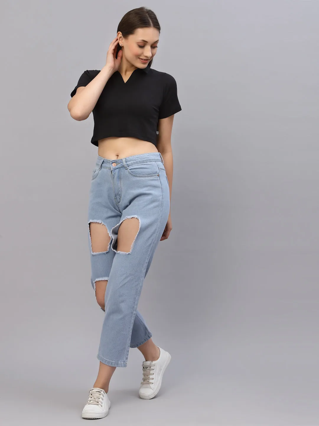 Self Texture Collared Crop Top