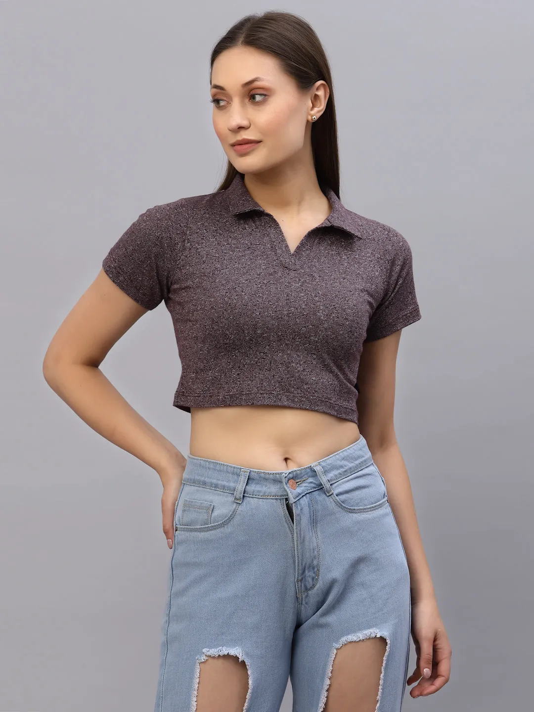 Self Texture Collared Crop Top