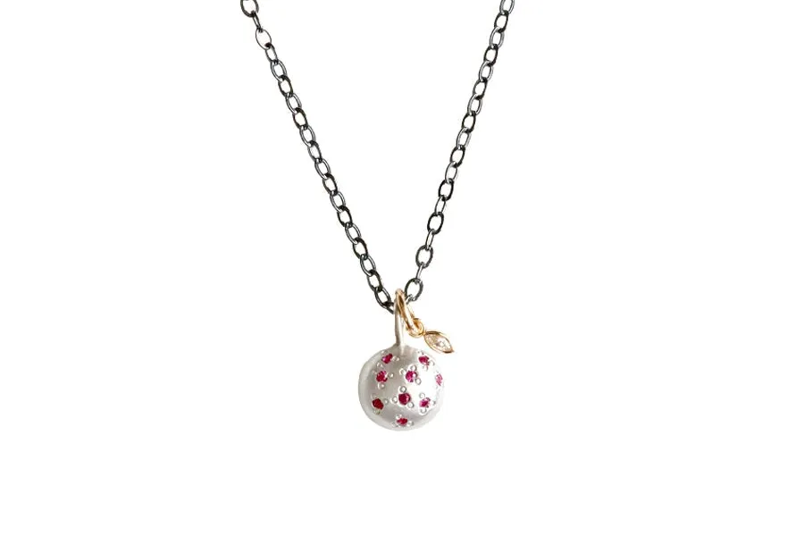 Silver Ruby   Diamond Pebble Necklace